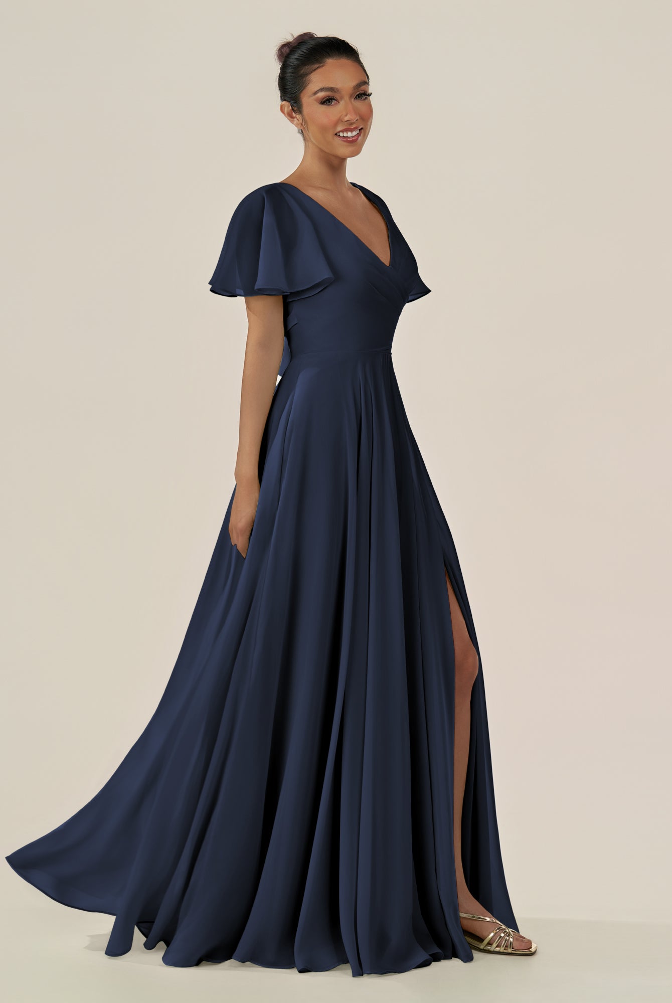 KissDress-Jania Dark Navy A Line Chiffon V Neck Long Bridesmaid Dress with Flutter Sleeves
