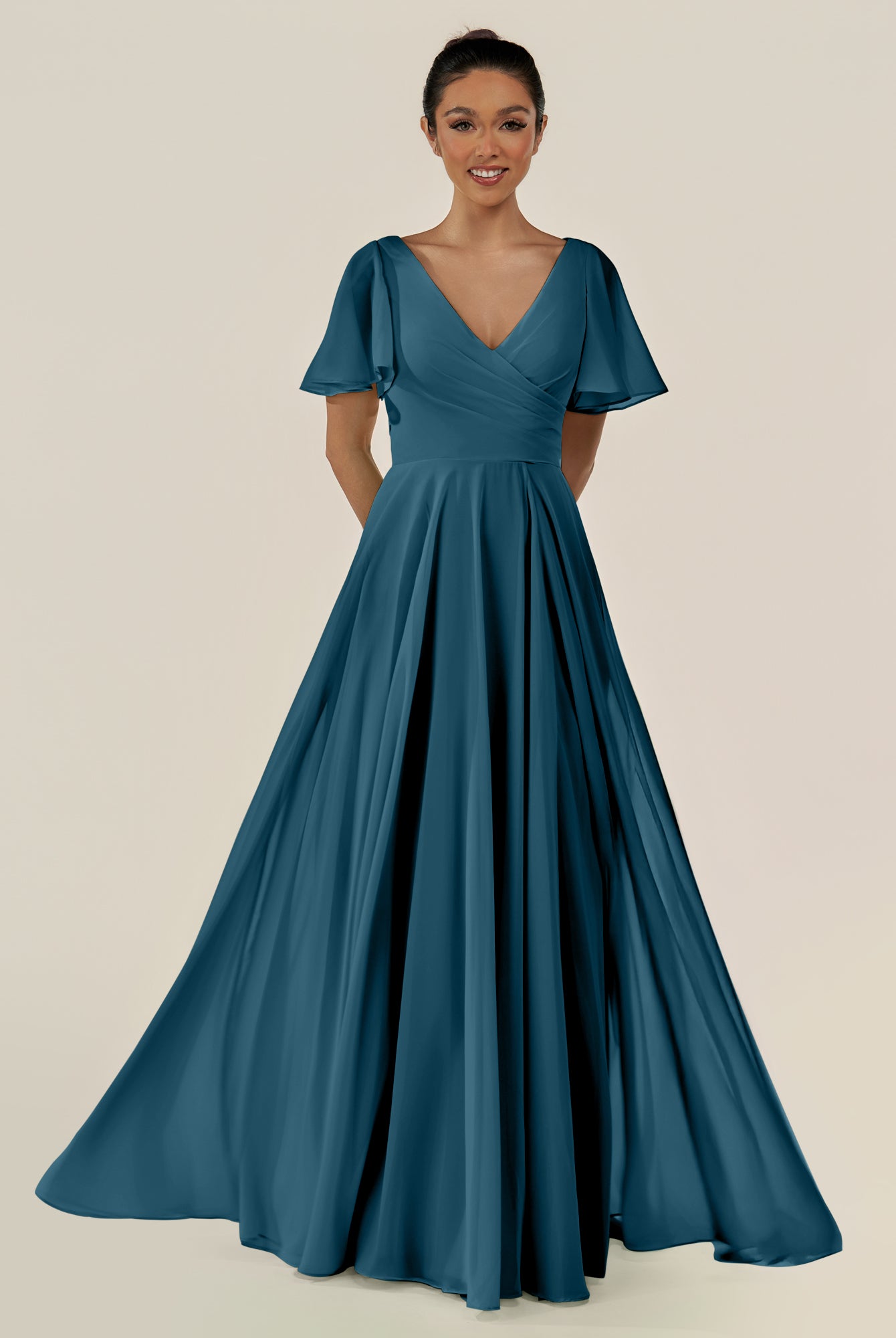 KissDress-Jania Dark Teal A Line Chiffon V Neck Long Bridesmaid Dress with Flutter Sleeves