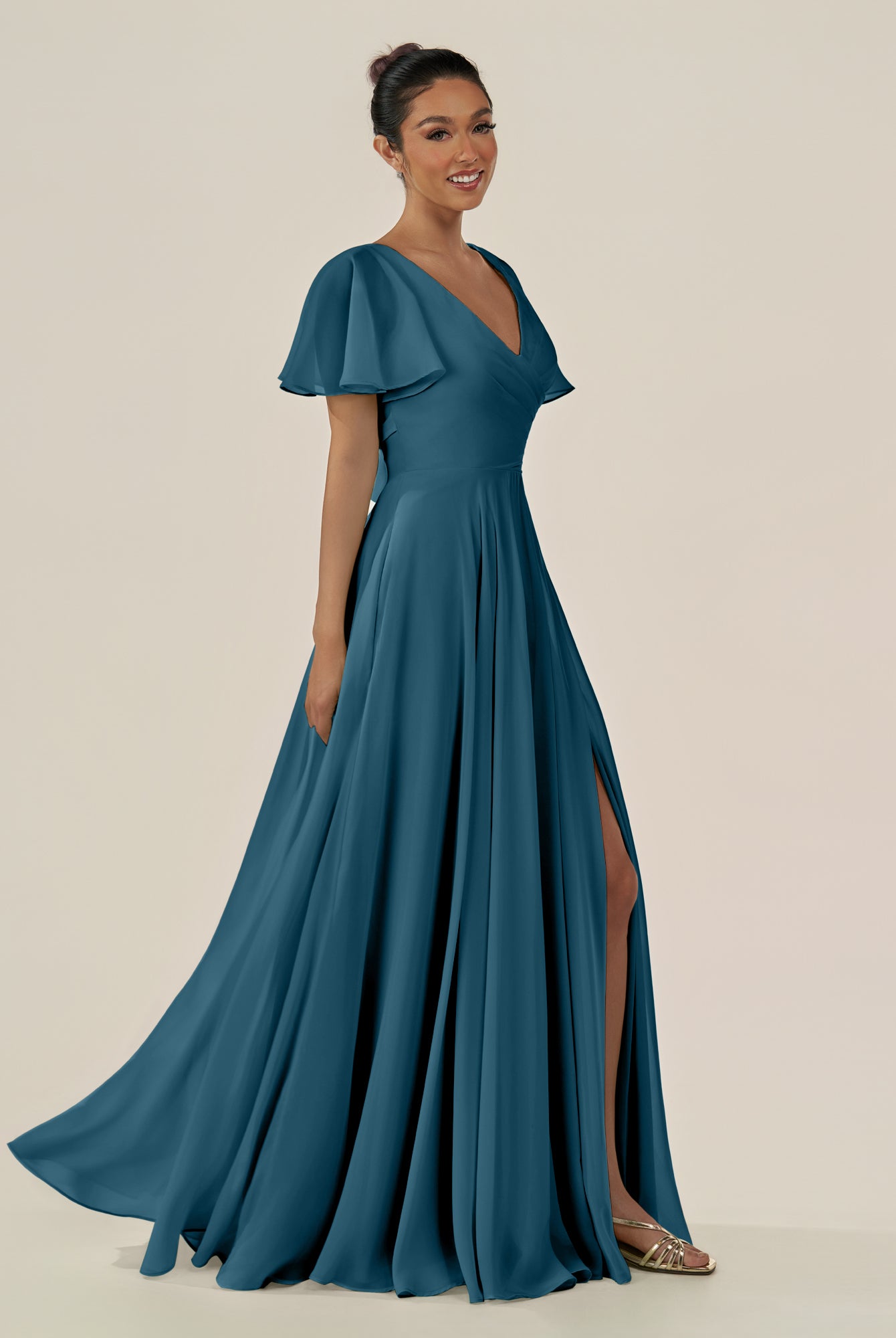 KissDress-Jania Dark Teal A Line Chiffon V Neck Long Bridesmaid Dress with Flutter Sleeves