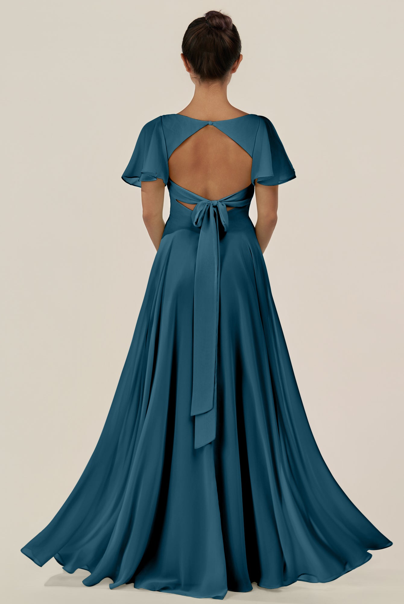 KissDress-Jania Dark Teal A Line Chiffon V Neck Long Bridesmaid Dress with Flutter Sleeves