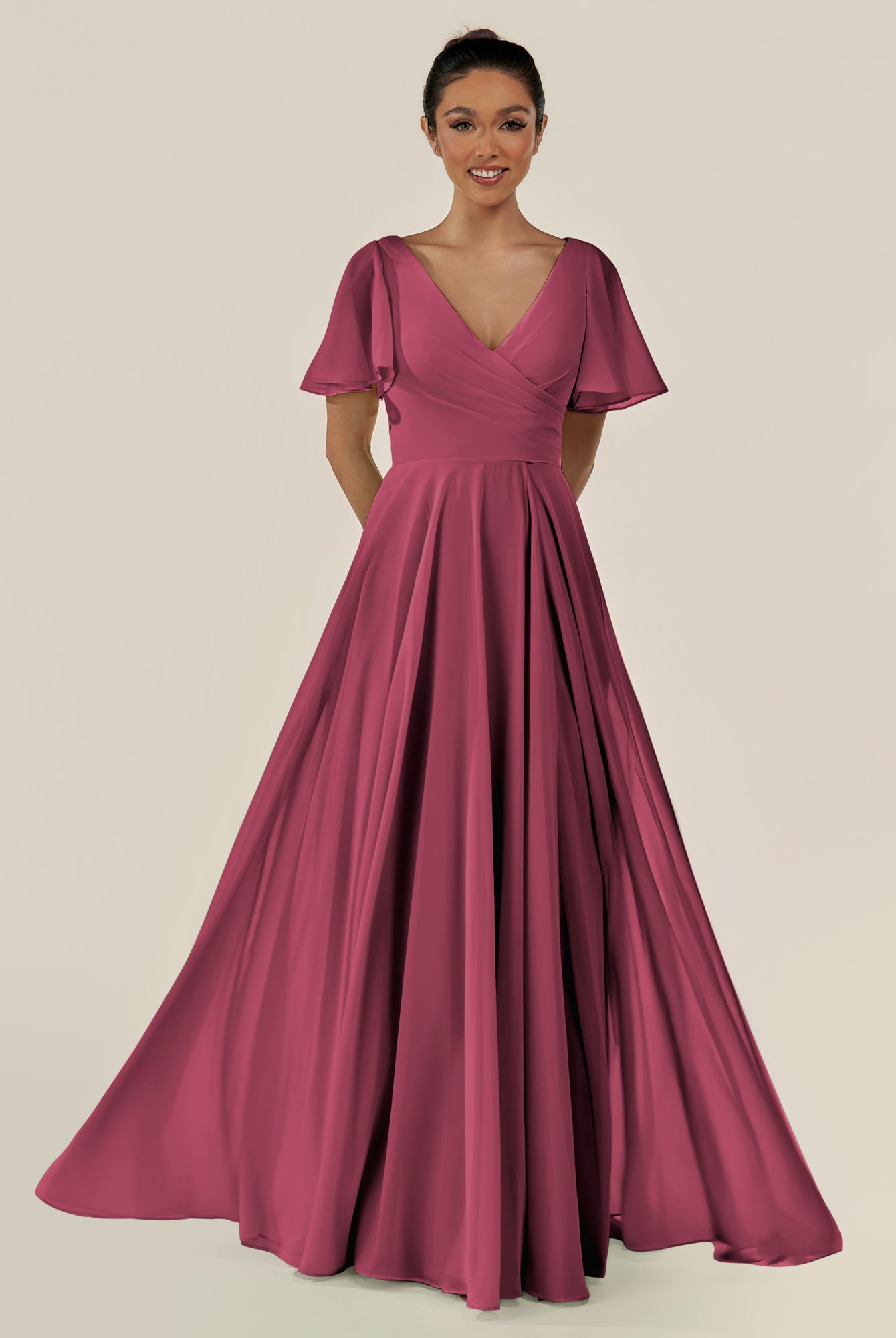 KissDress-Jania Desert Rose A Line Chiffon V Neck Long Bridesmaid Dress with Flutter Sleeves