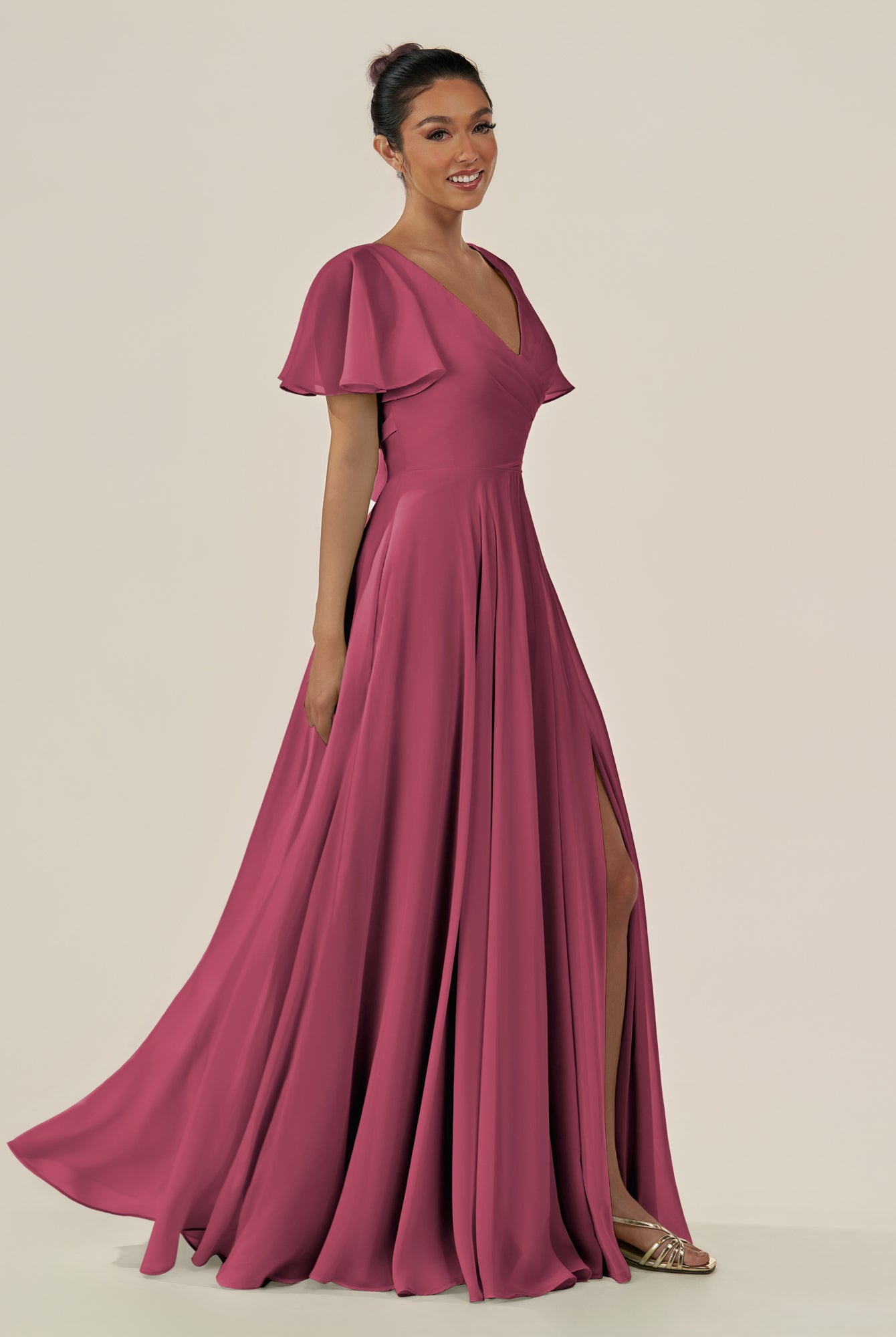 KissDress-Jania Desert Rose A Line Chiffon V Neck Long Bridesmaid Dress with Flutter Sleeves