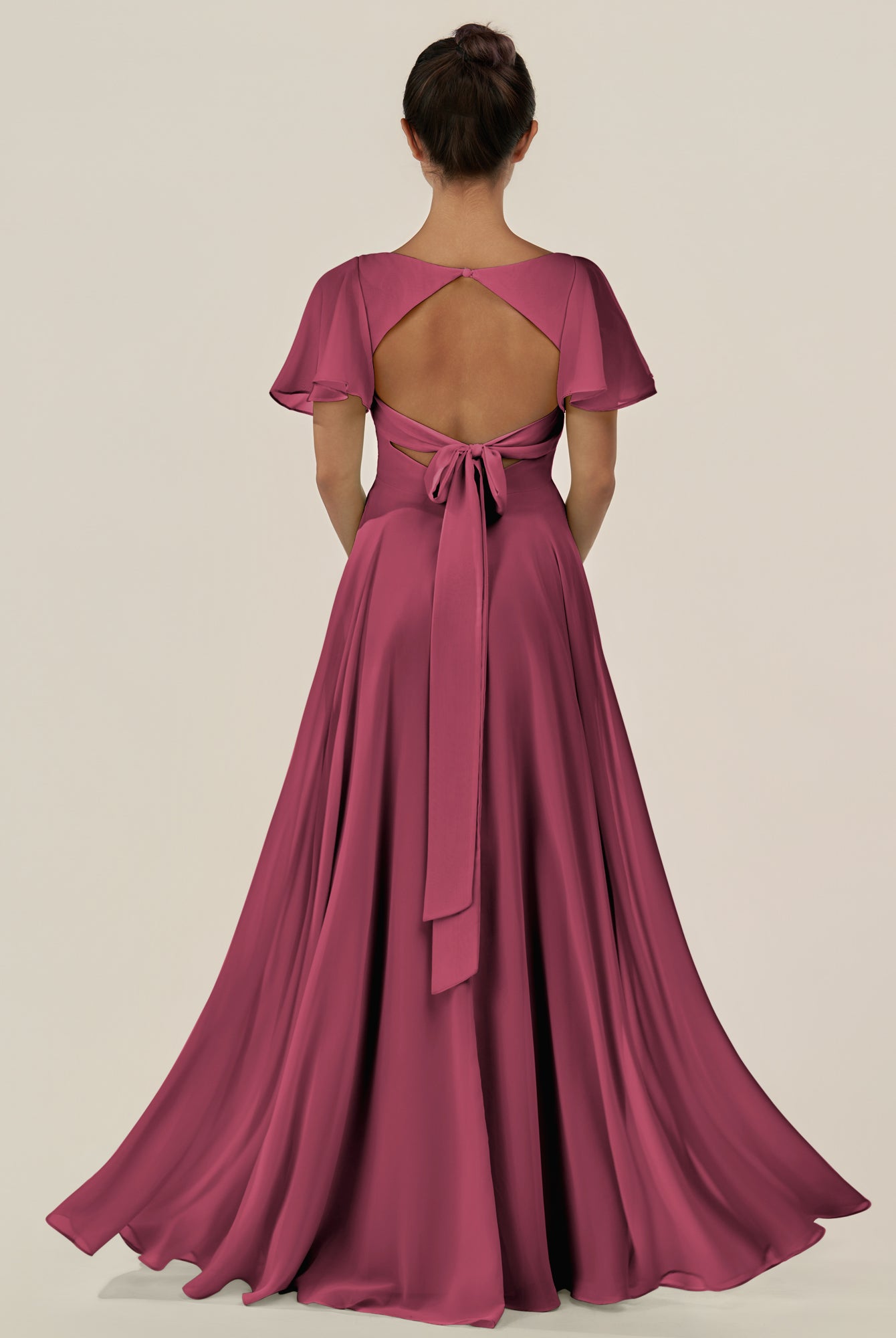 KissDress-Jania Desert Rose A Line Chiffon V Neck Long Bridesmaid Dress with Flutter Sleeves