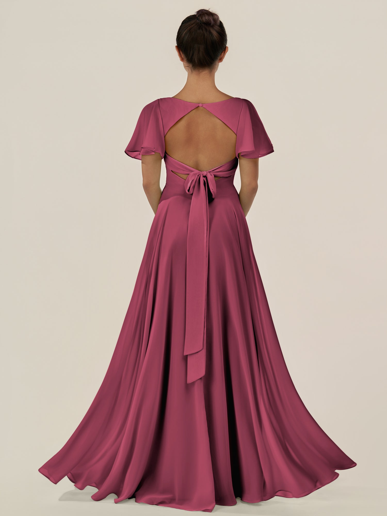 KissDress-Jania Desert Rose A Line Chiffon V Neck Long Bridesmaid Dress with Flutter Sleeves
