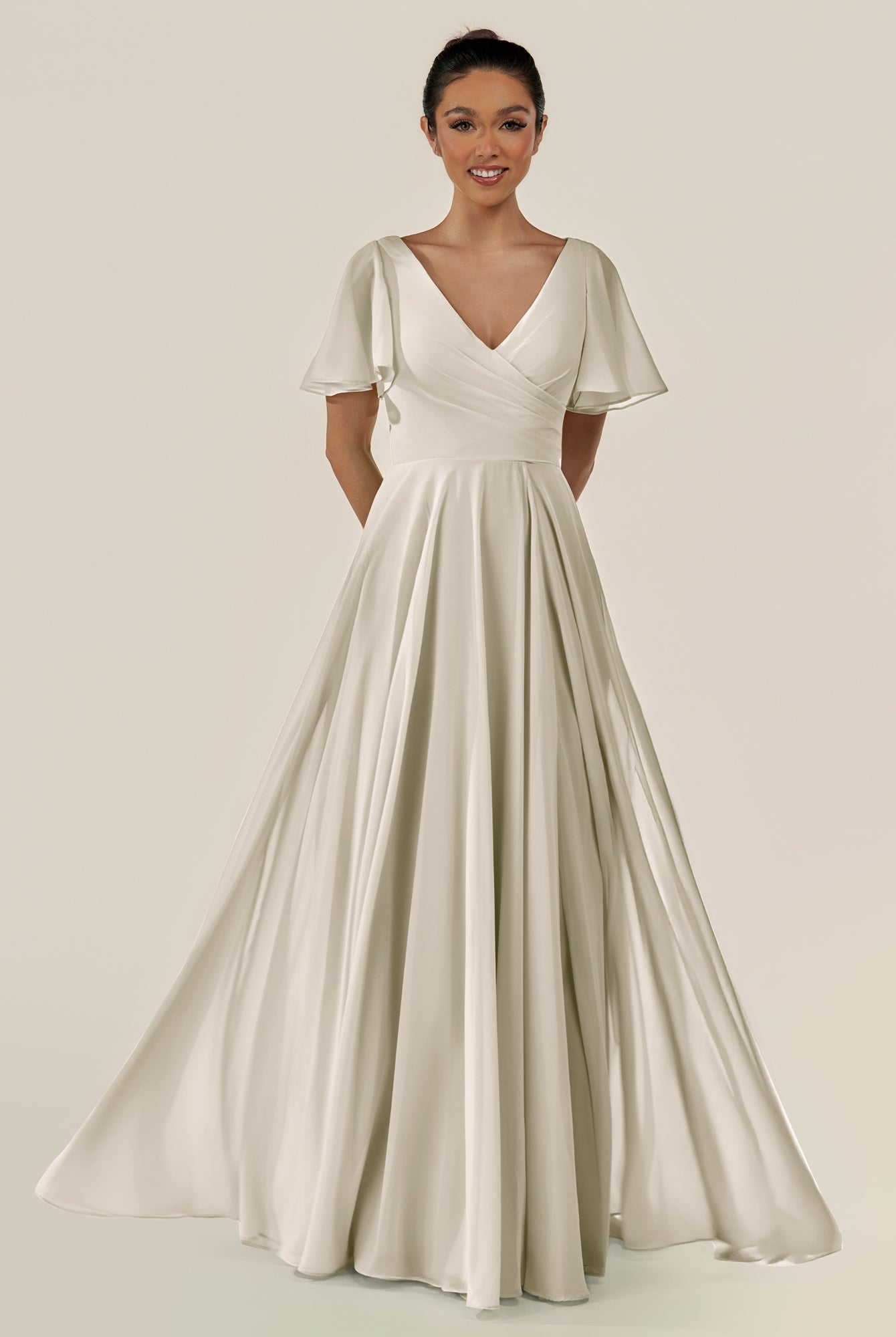 KissDress-Jania Dove Gray A Line Chiffon V Neck Long Bridesmaid Dress with Flutter Sleeves