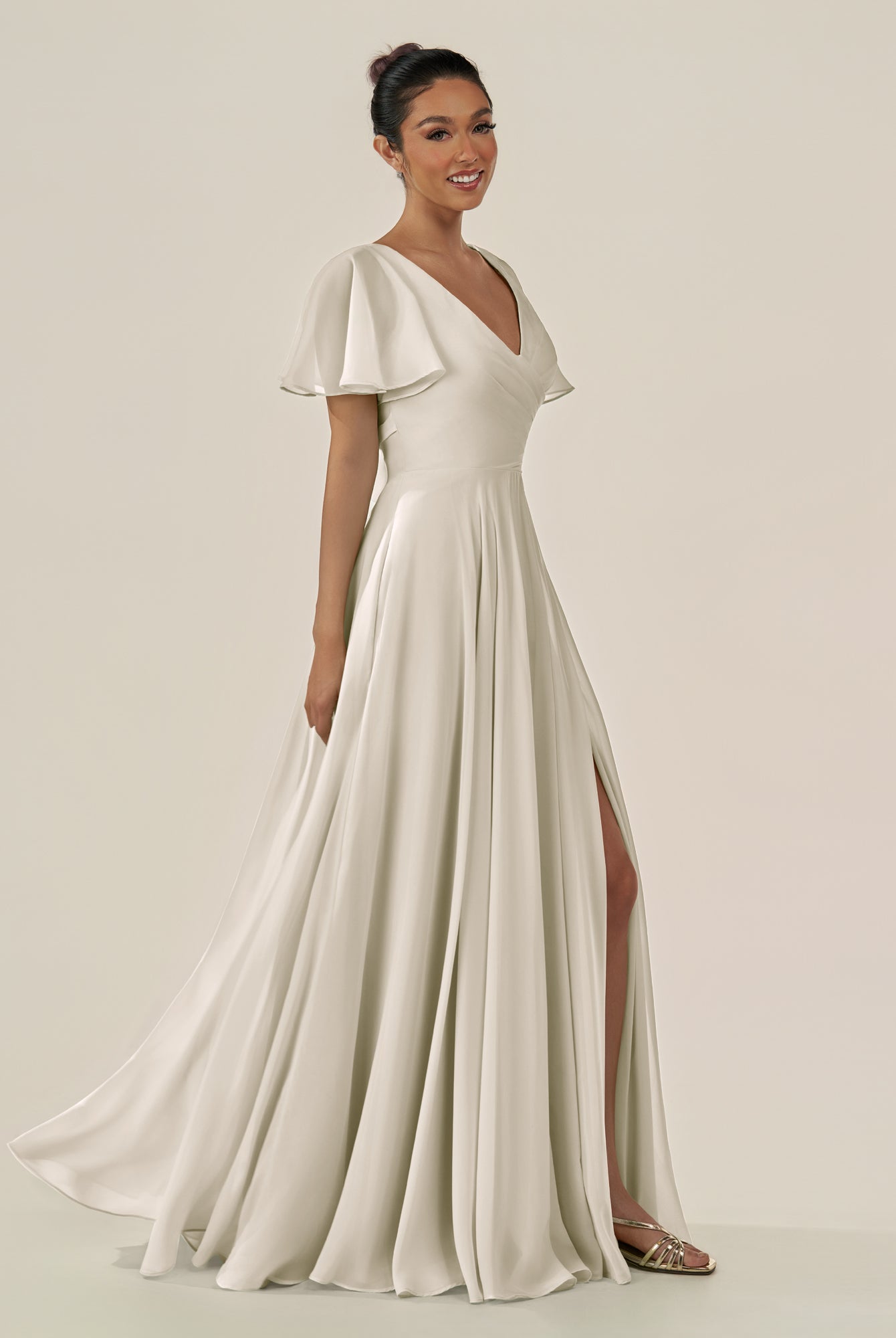 KissDress-Jania Dove Gray A Line Chiffon V Neck Long Bridesmaid Dress with Flutter Sleeves