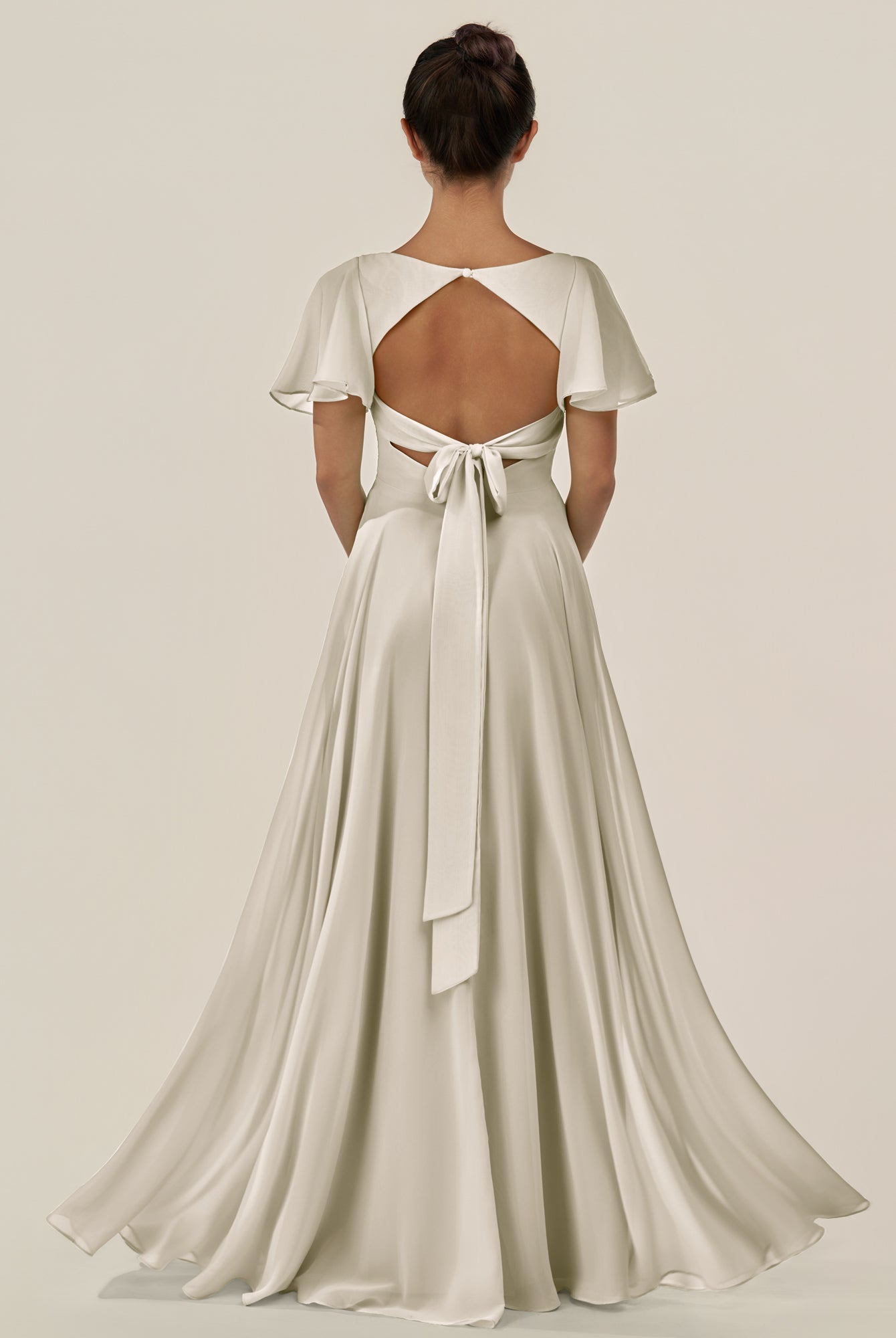 KissDress-Jania Dove Gray A Line Chiffon V Neck Long Bridesmaid Dress with Flutter Sleeves