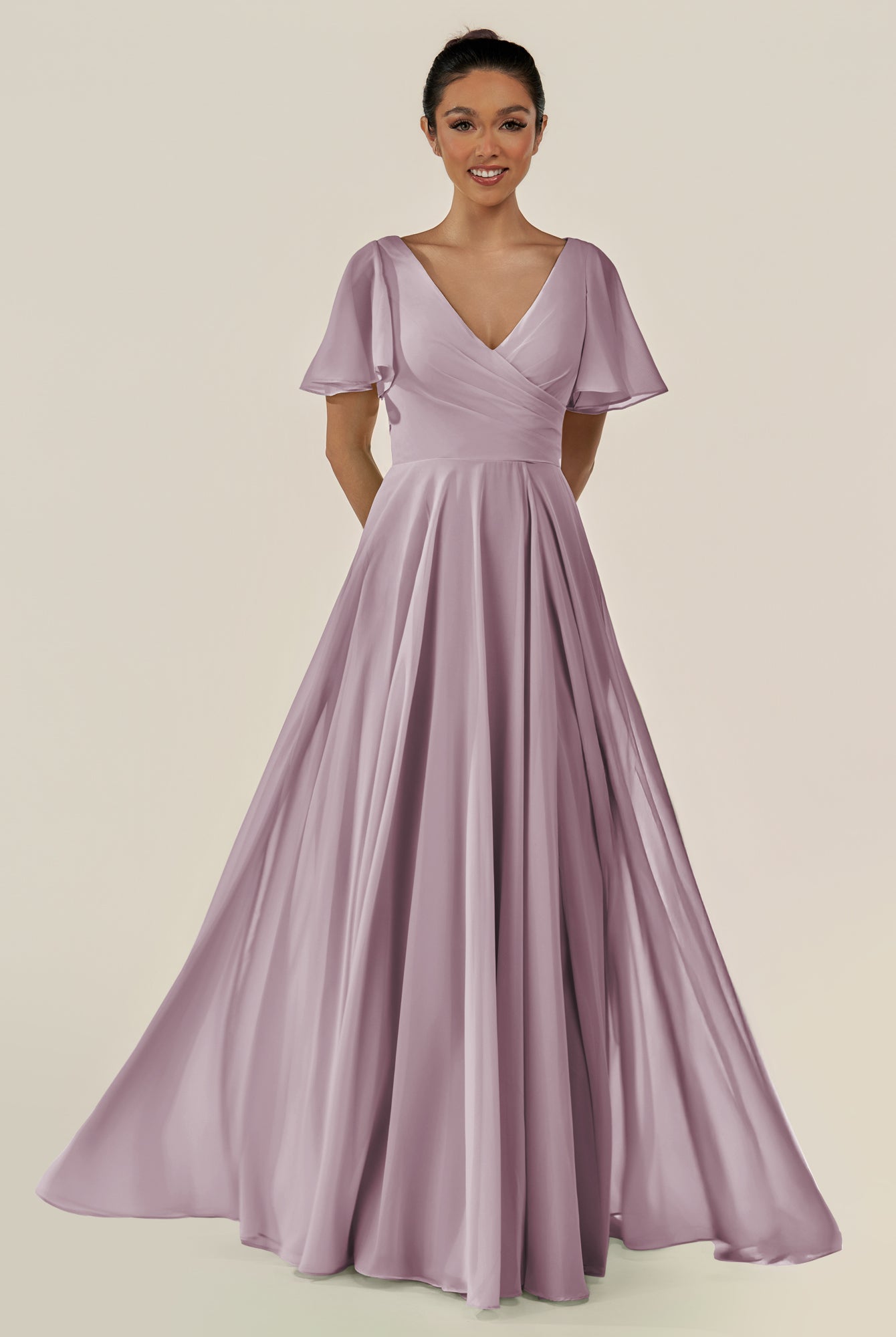 KissDress-Jania Dusk A Line Chiffon V Neck Long Bridesmaid Dress with Flutter Sleeves