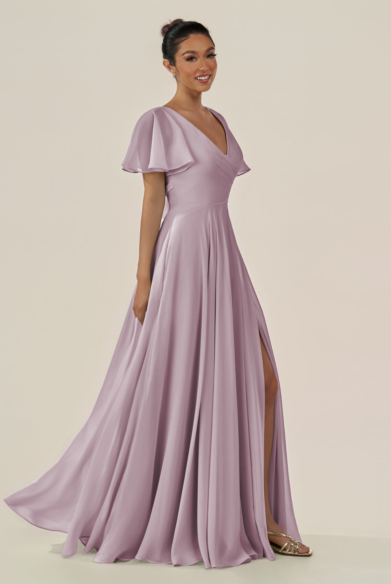 KissDress-Jania Dusk A Line Chiffon V Neck Long Bridesmaid Dress with Flutter Sleeves