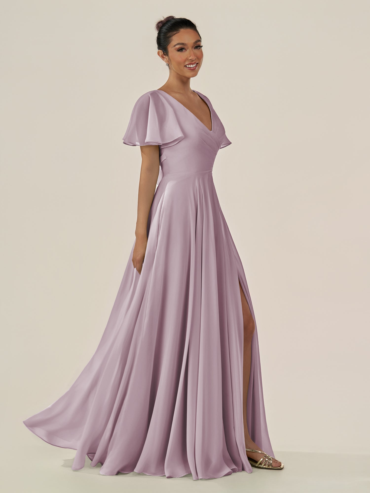 KissDress-Jania Dusk A Line Chiffon V Neck Long Bridesmaid Dress with Flutter Sleeves