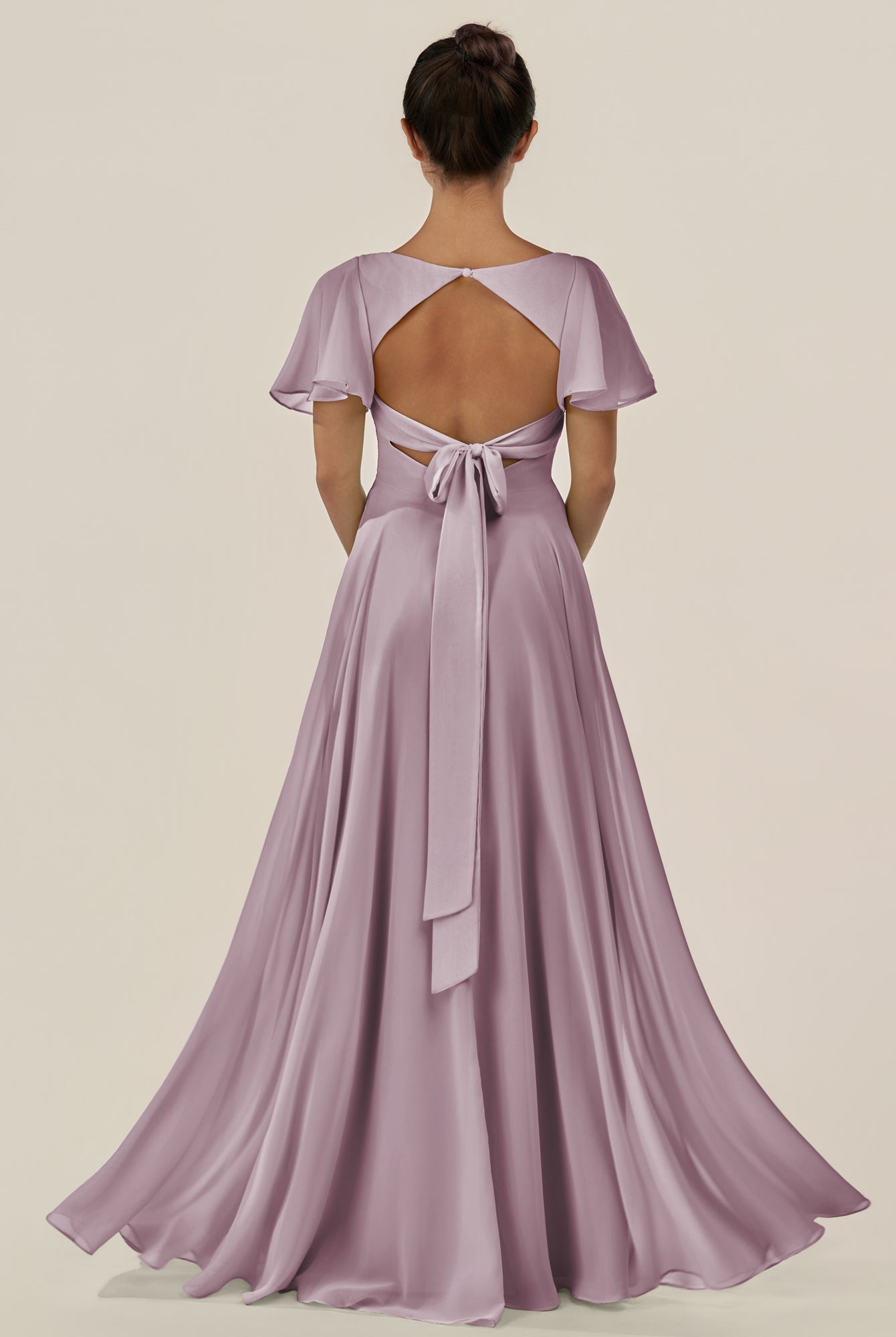 KissDress-Jania Dusk A Line Chiffon V Neck Long Bridesmaid Dress with Flutter Sleeves
