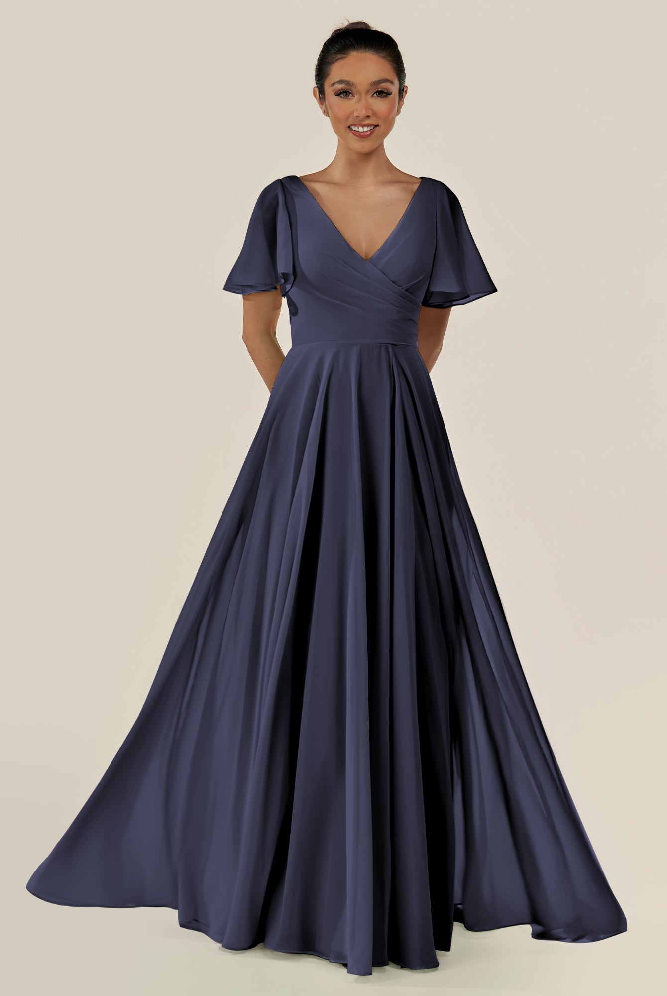 KissDress-Jania Dusk Blue A Line Chiffon V Neck Long Bridesmaid Dress with Flutter Sleeves