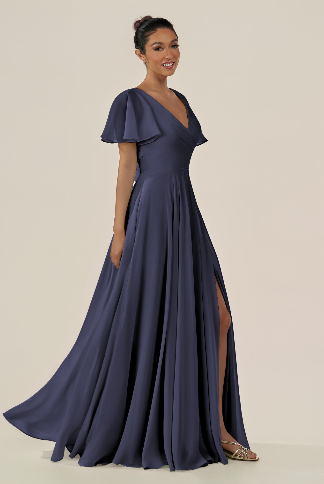 KissDress-Jania Dusk Blue A Line Chiffon V Neck Long Bridesmaid Dress with Flutter Sleeves