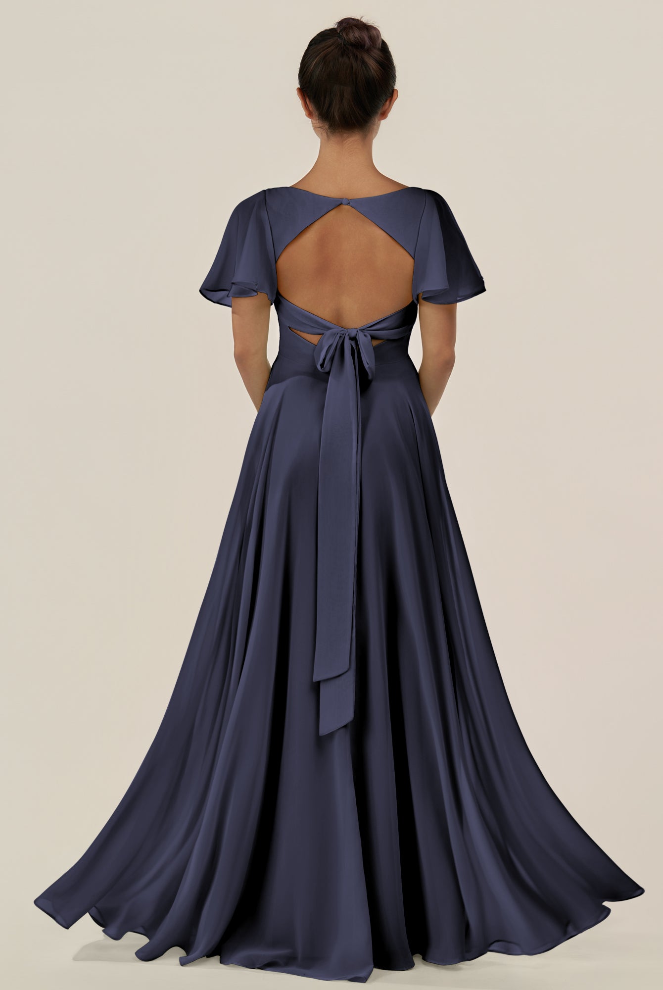 KissDress-Jania Dusk Blue A Line Chiffon V Neck Long Bridesmaid Dress with Flutter Sleeves