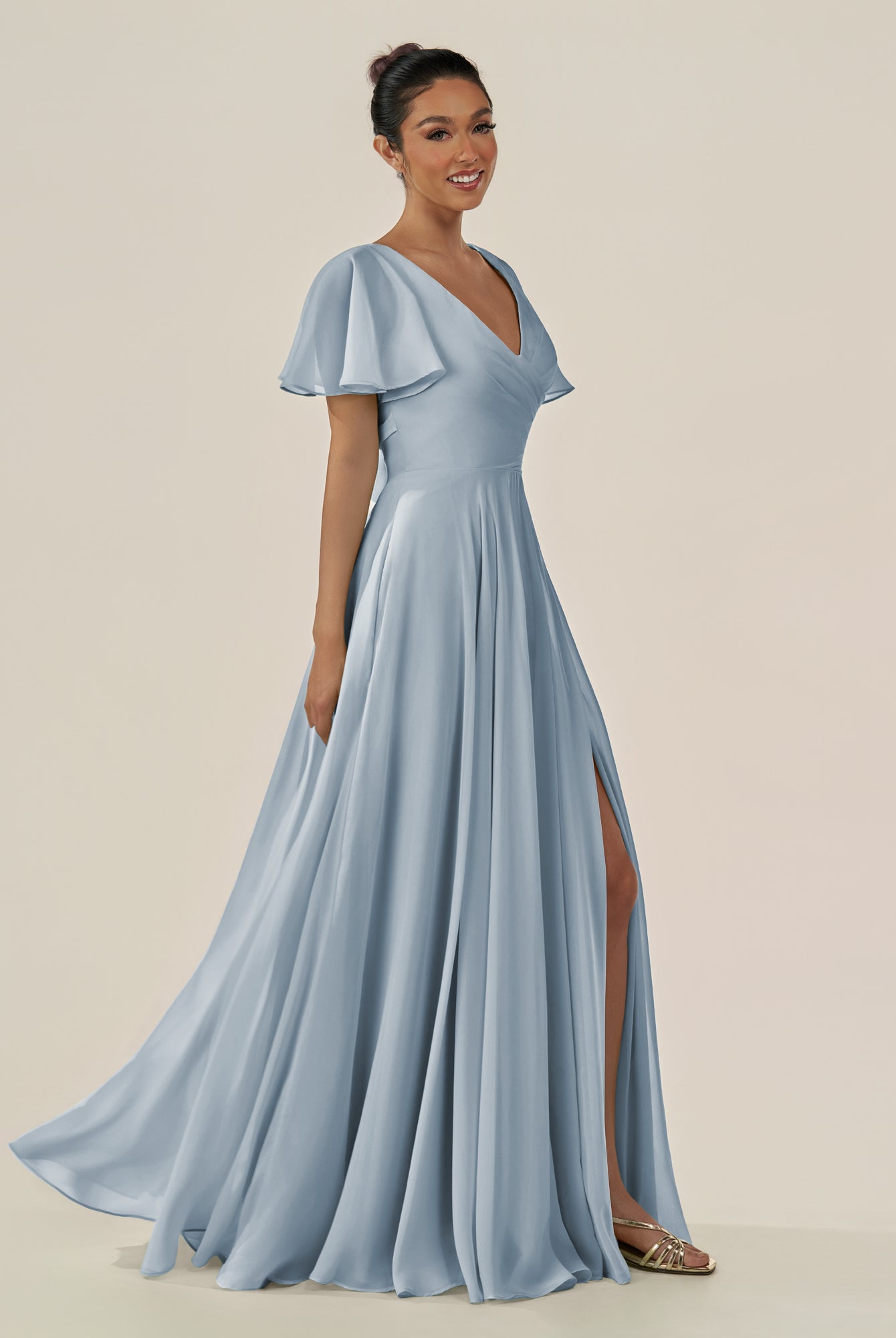 KissDress-Jania Dusty Blue A Line Chiffon V Neck Long Bridesmaid Dress with Flutter Sleeves