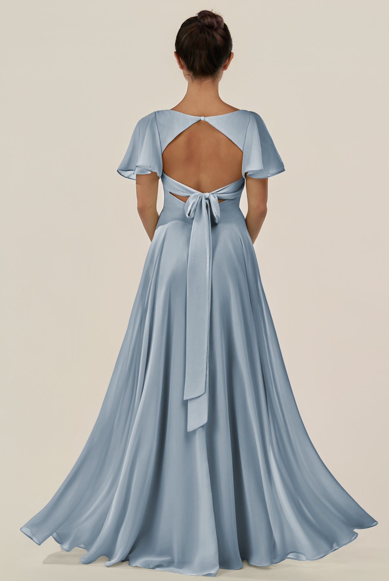 KissDress-Jania Dusty Blue A Line Chiffon V Neck Long Bridesmaid Dress with Flutter Sleeves