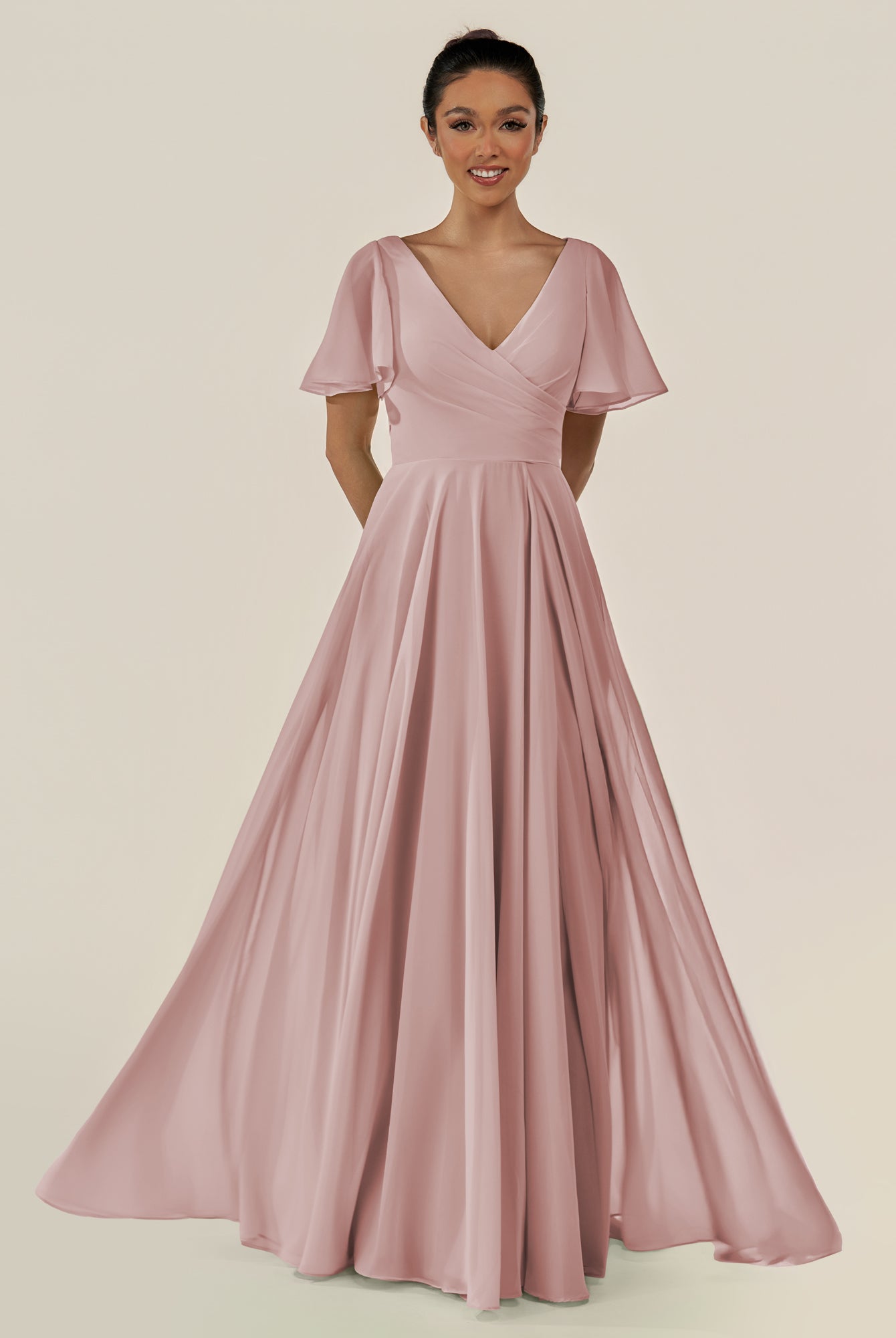 KissDress-Jania Dusty Rose A Line Chiffon V Neck Long Bridesmaid Dress with Flutter Sleeves