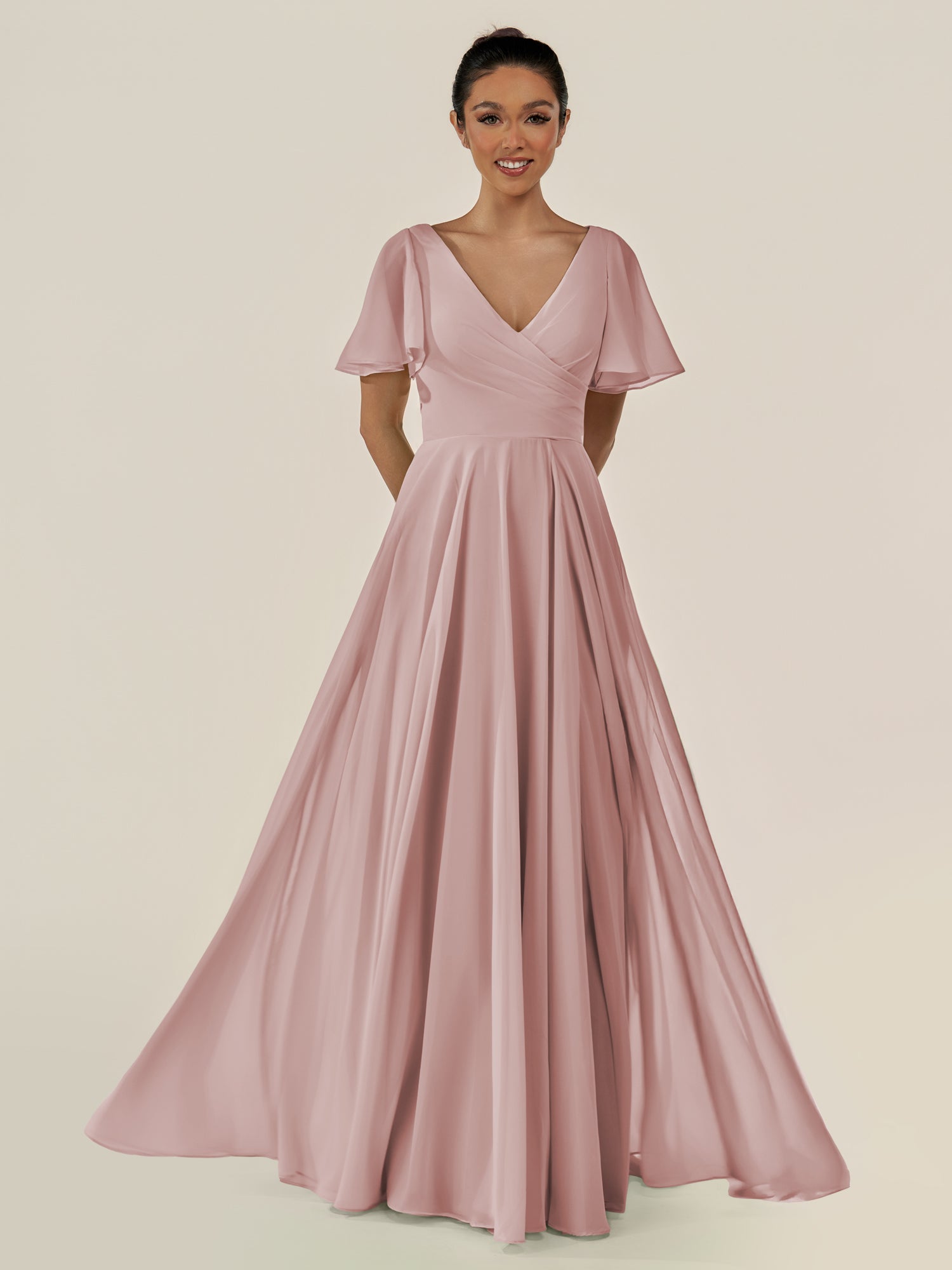 KissDress-Jania Dusty Rose A Line Chiffon V Neck Long Bridesmaid Dress with Flutter Sleeves