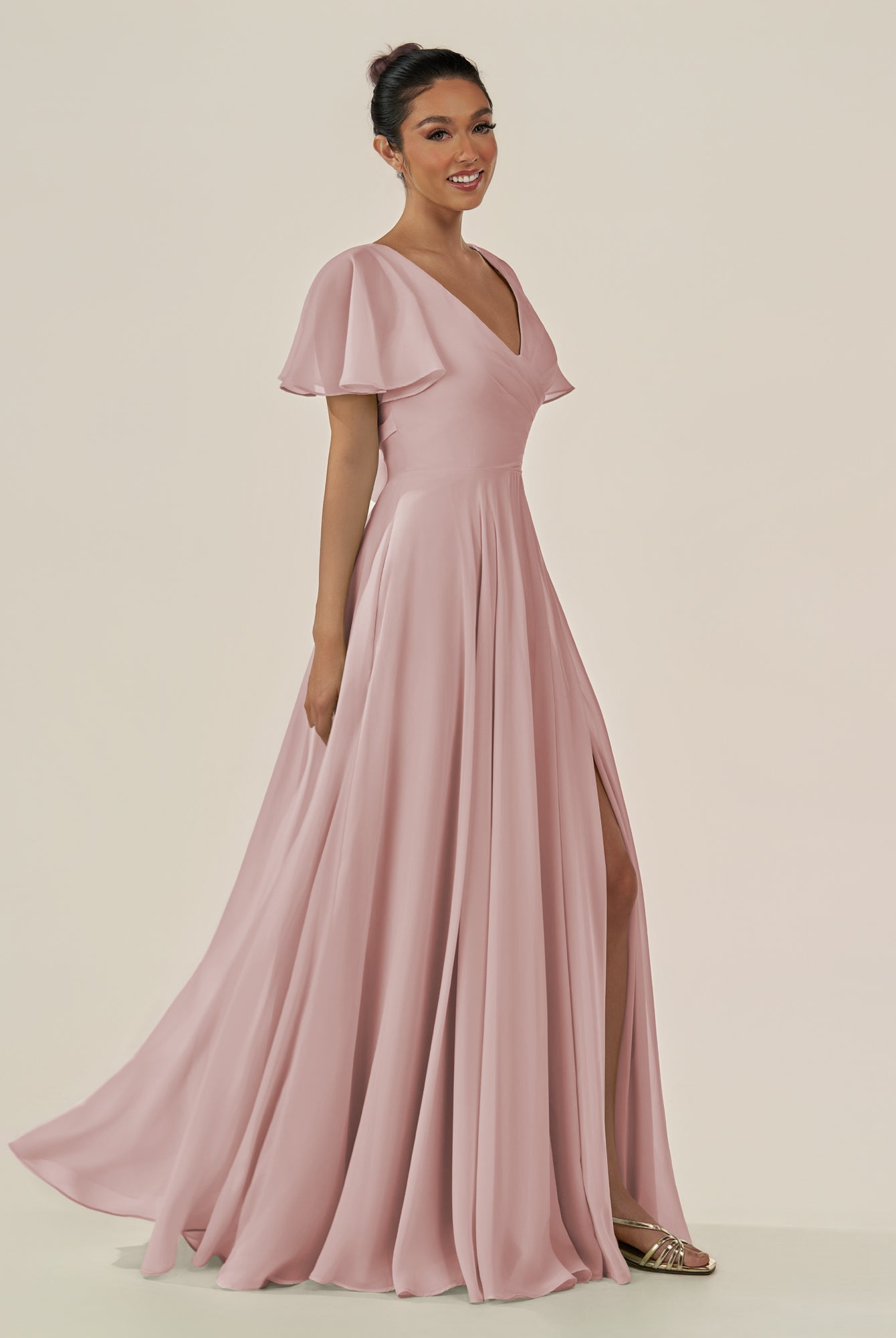 KissDress-Jania Dusty Rose A Line Chiffon V Neck Long Bridesmaid Dress with Flutter Sleeves