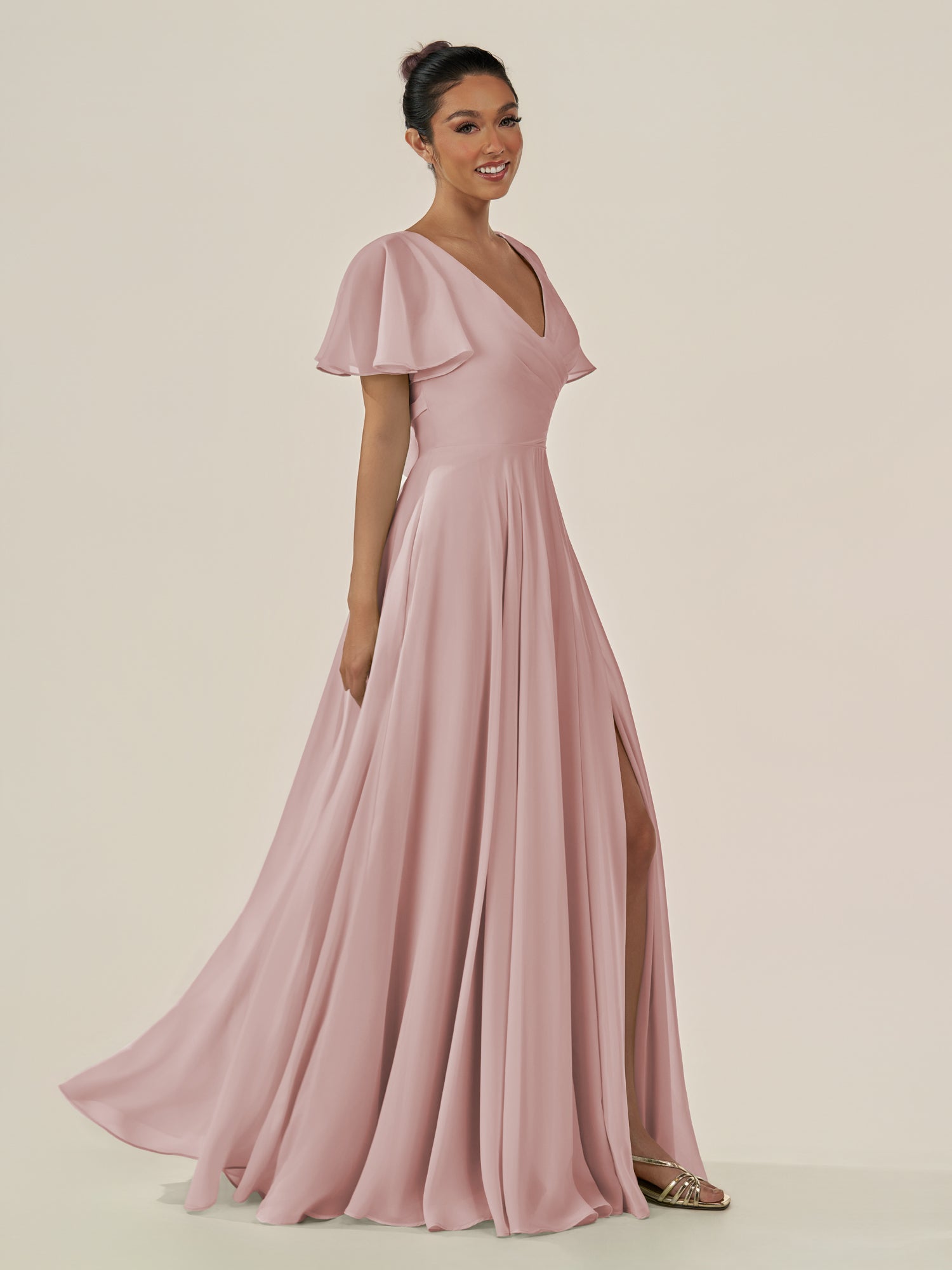 KissDress-Jania Dusty Rose A Line Chiffon V Neck Long Bridesmaid Dress with Flutter Sleeves