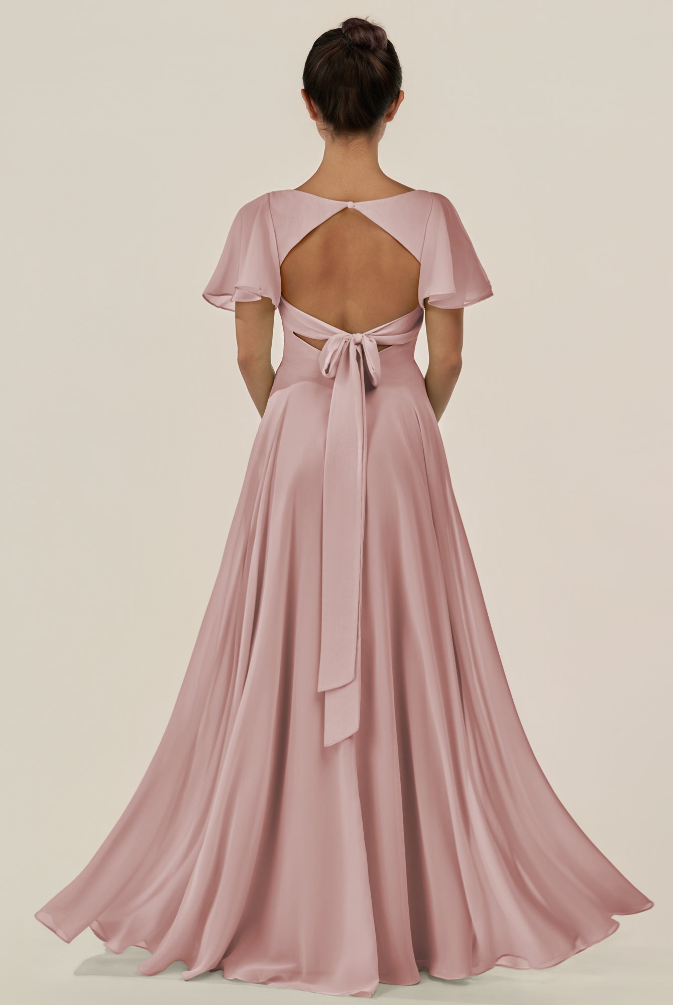 KissDress-Jania Dusty Rose A Line Chiffon V Neck Long Bridesmaid Dress with Flutter Sleeves