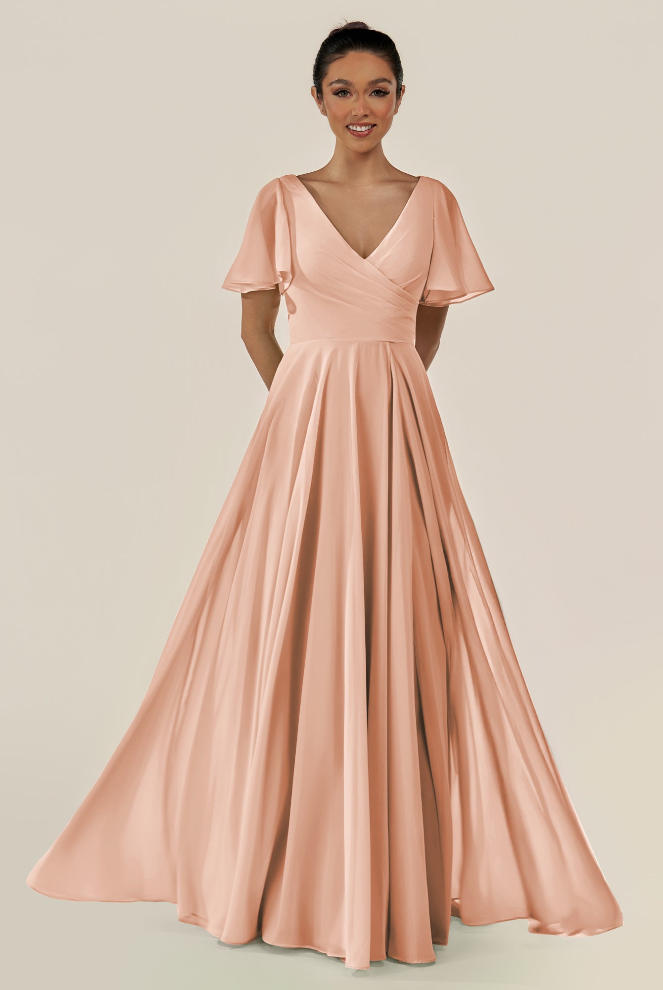 KissDress-Jania English Rose A Line Chiffon V Neck Long Bridesmaid Dress with Flutter Sleeves