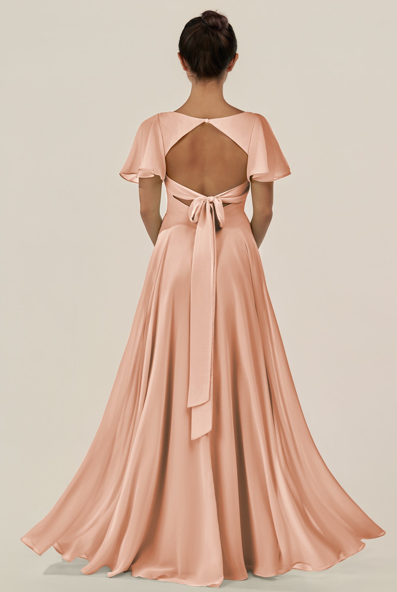 KissDress-Jania English Rose A Line Chiffon V Neck Long Bridesmaid Dress with Flutter Sleeves