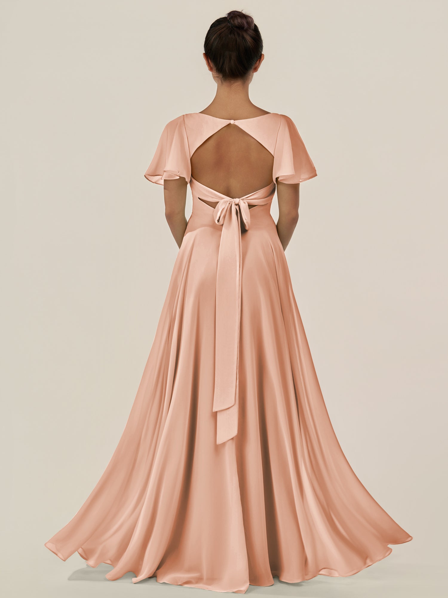 KissDress-Jania English Rose A Line Chiffon V Neck Long Bridesmaid Dress with Flutter Sleeves