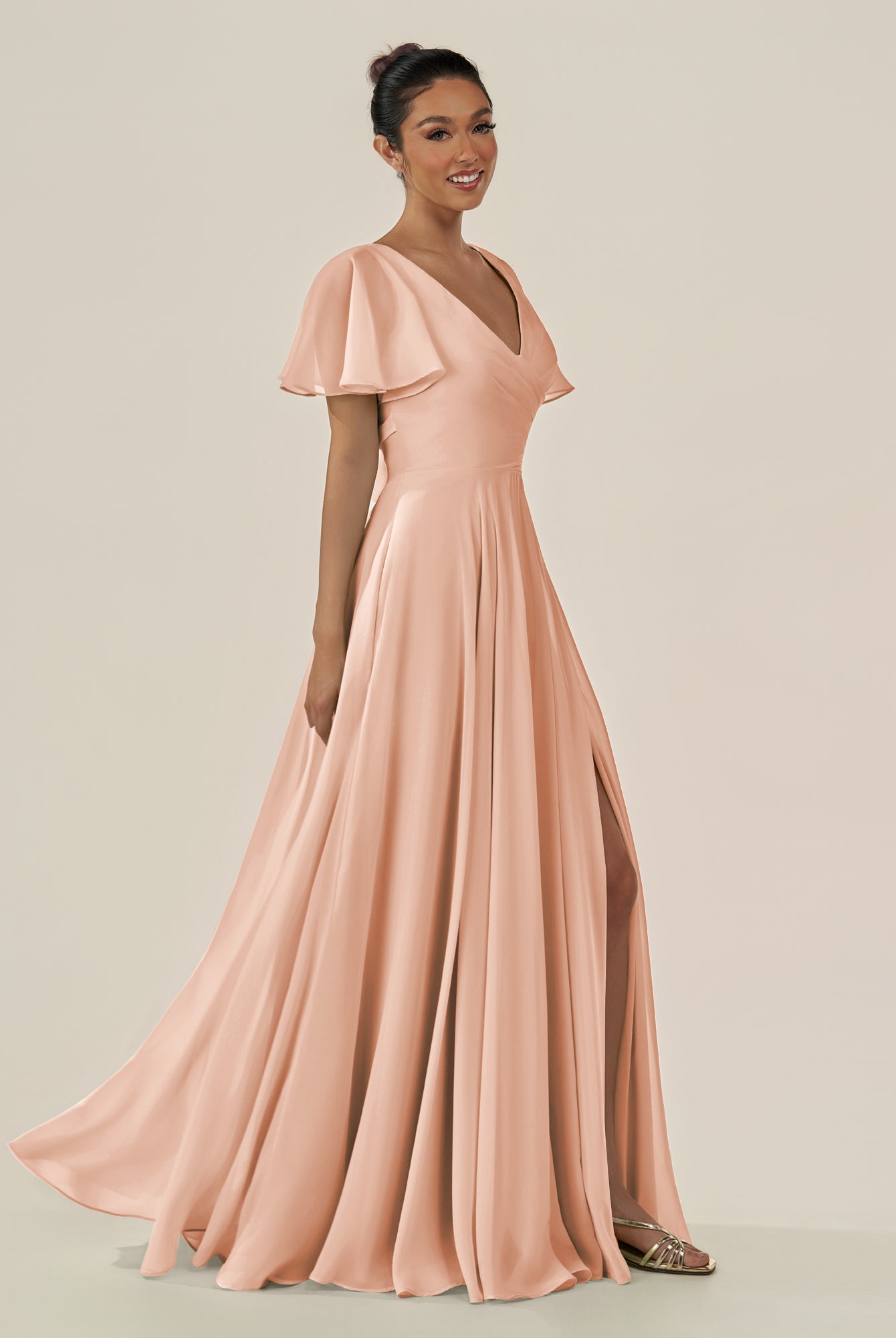 KissDress-Jania English Rose A Line Chiffon V Neck Long Bridesmaid Dress with Flutter Sleeves