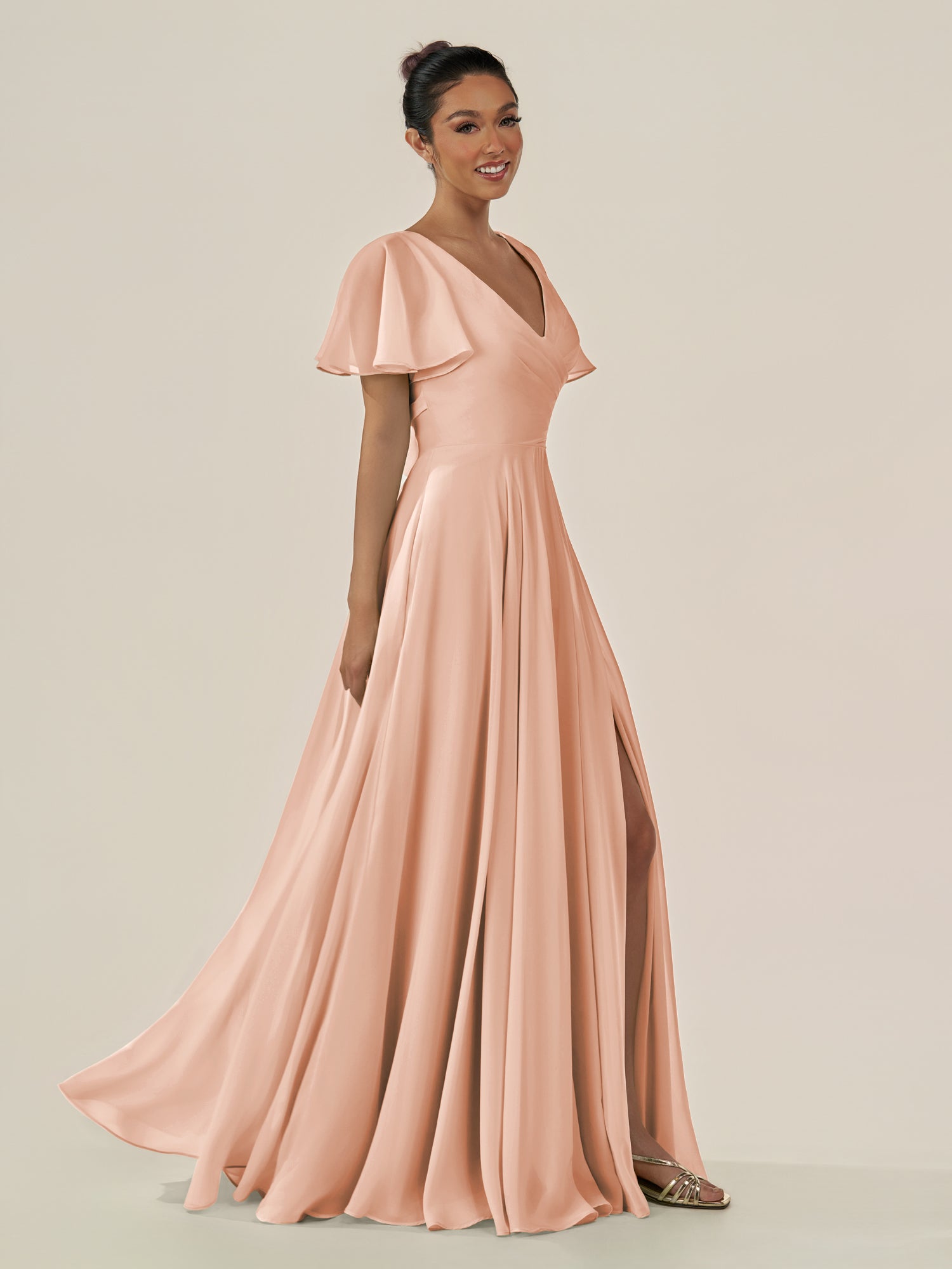 KissDress-Jania English Rose A Line Chiffon V Neck Long Bridesmaid Dress with Flutter Sleeves