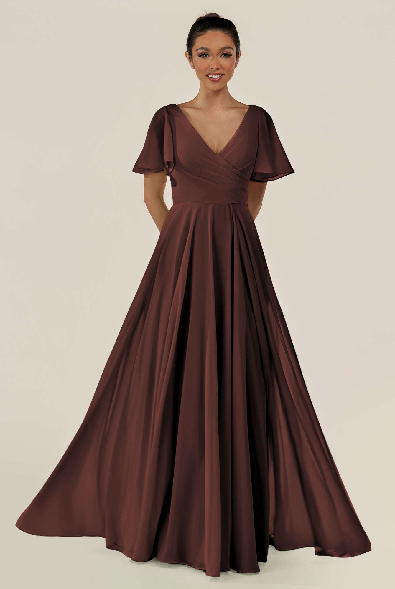 KissDress-Jania Espresso A Line Chiffon V Neck Long Bridesmaid Dress with Flutter Sleeves