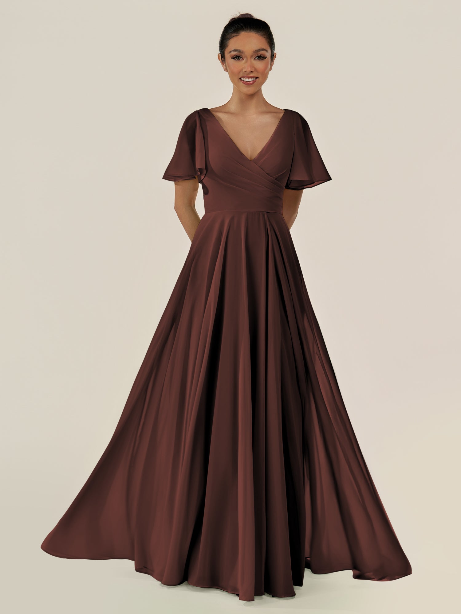 KissDress-Jania Espresso A Line Chiffon V Neck Long Bridesmaid Dress with Flutter Sleeves
