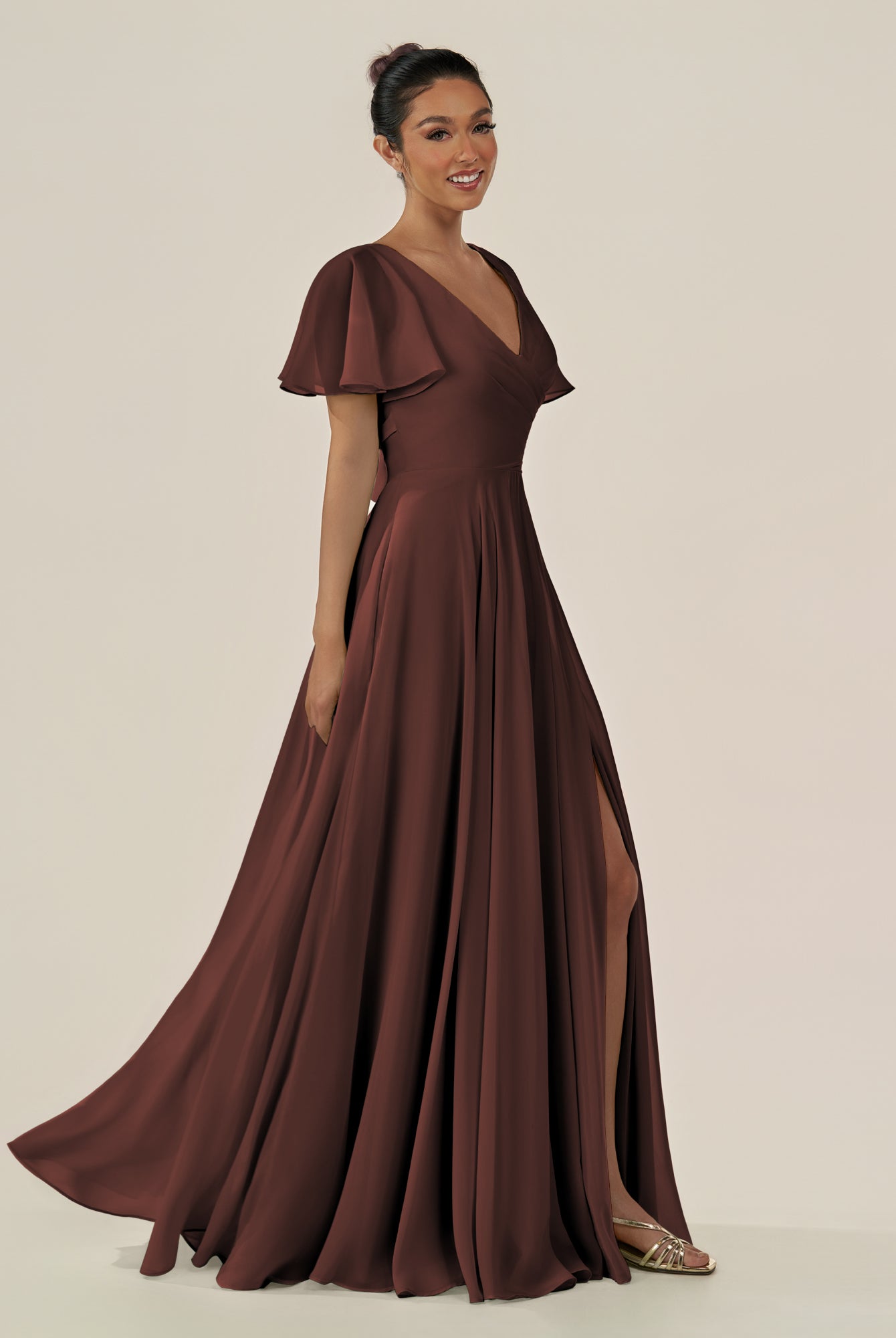 KissDress-Jania Espresso A Line Chiffon V Neck Long Bridesmaid Dress with Flutter Sleeves