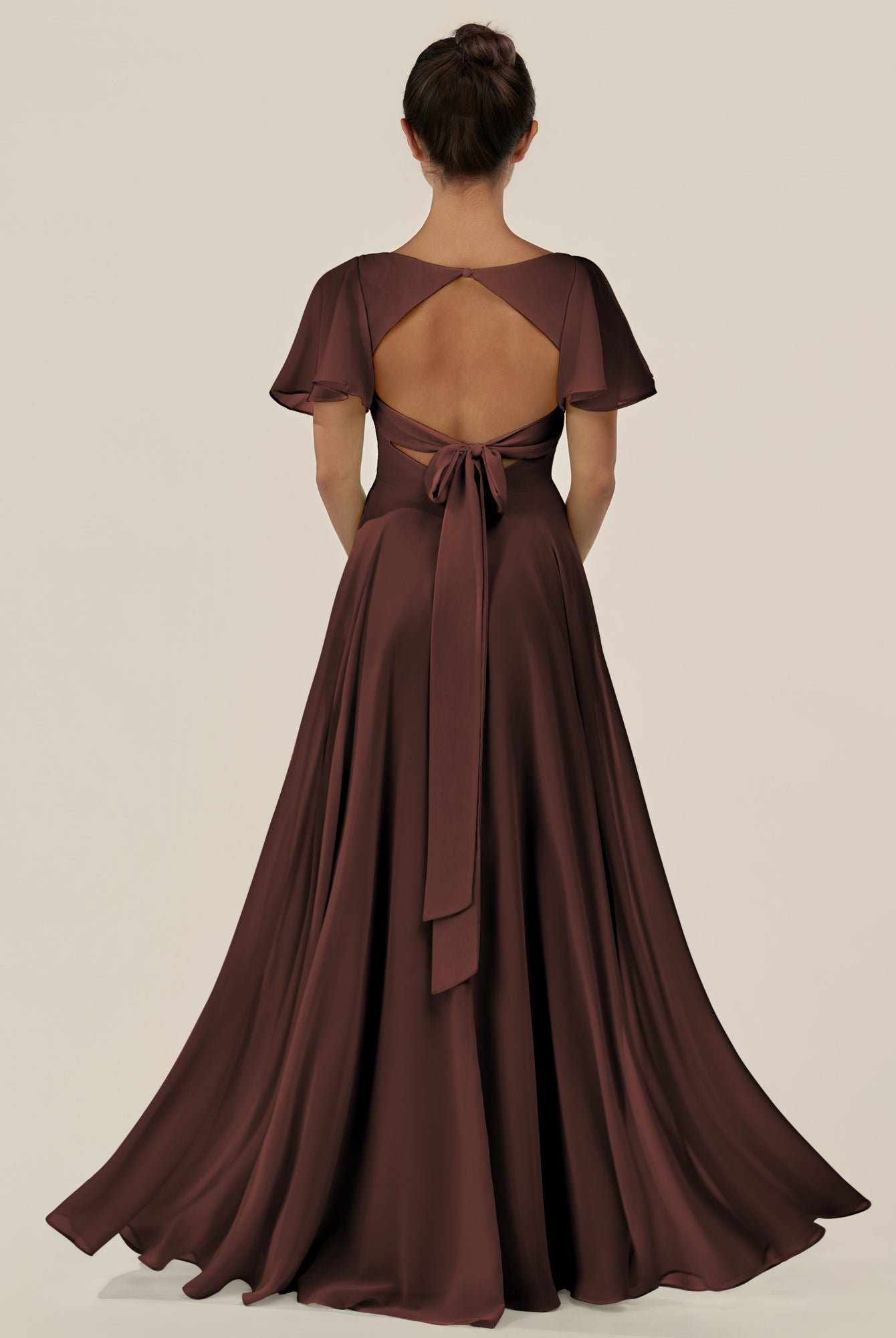 KissDress-Jania Espresso A Line Chiffon V Neck Long Bridesmaid Dress with Flutter Sleeves