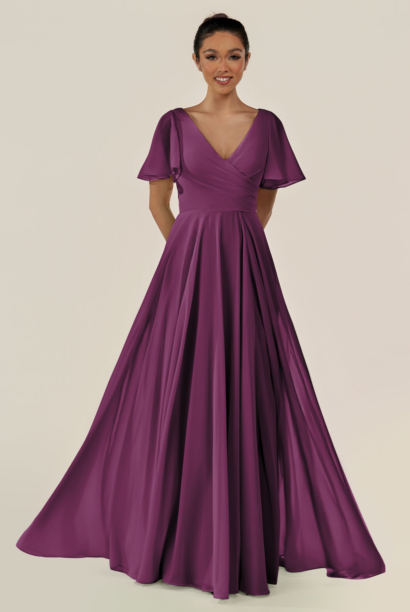 KissDress-Jania Fig A Line Chiffon V Neck Long Bridesmaid Dress with Flutter Sleeves