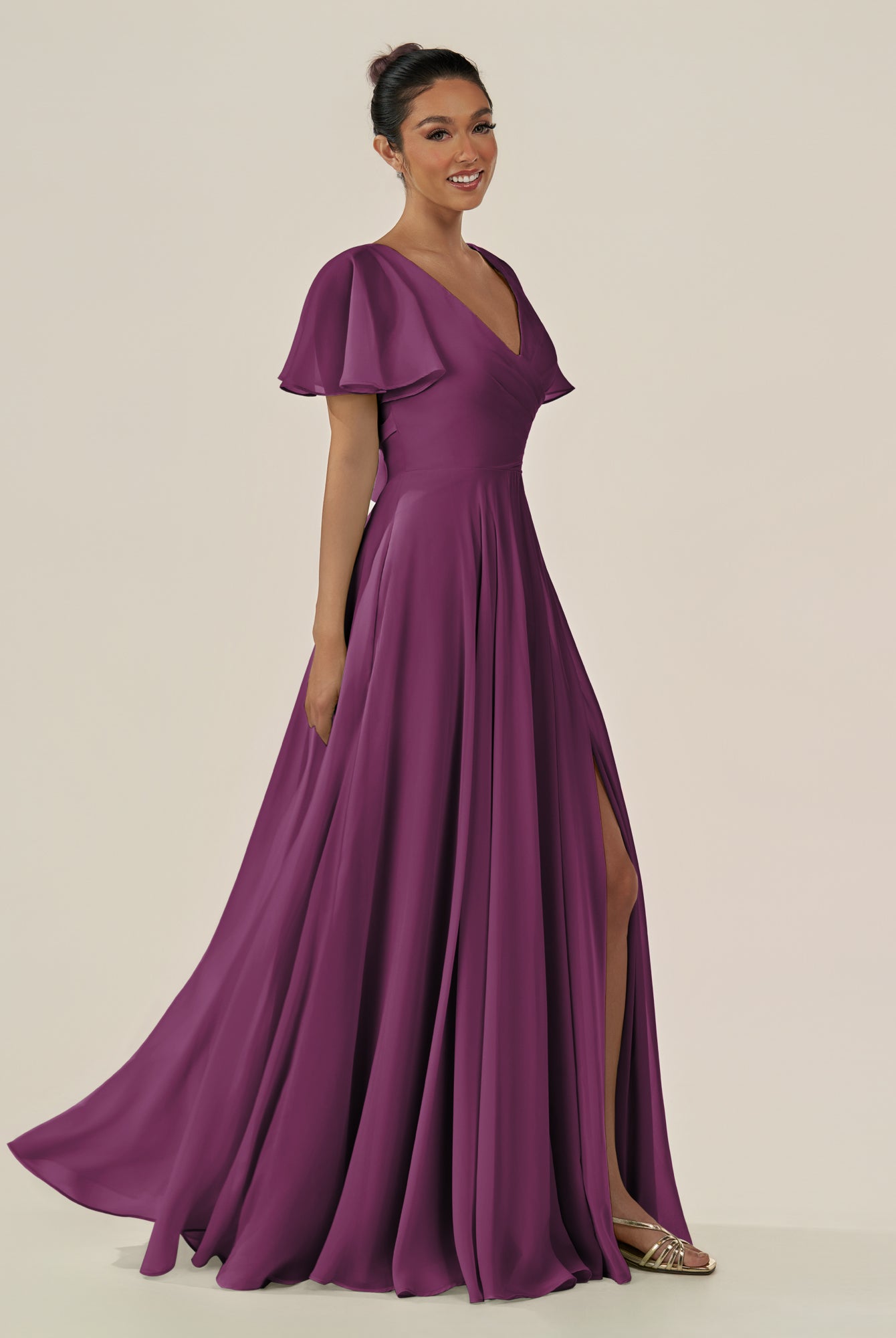 KissDress-Jania Fig A Line Chiffon V Neck Long Bridesmaid Dress with Flutter Sleeves