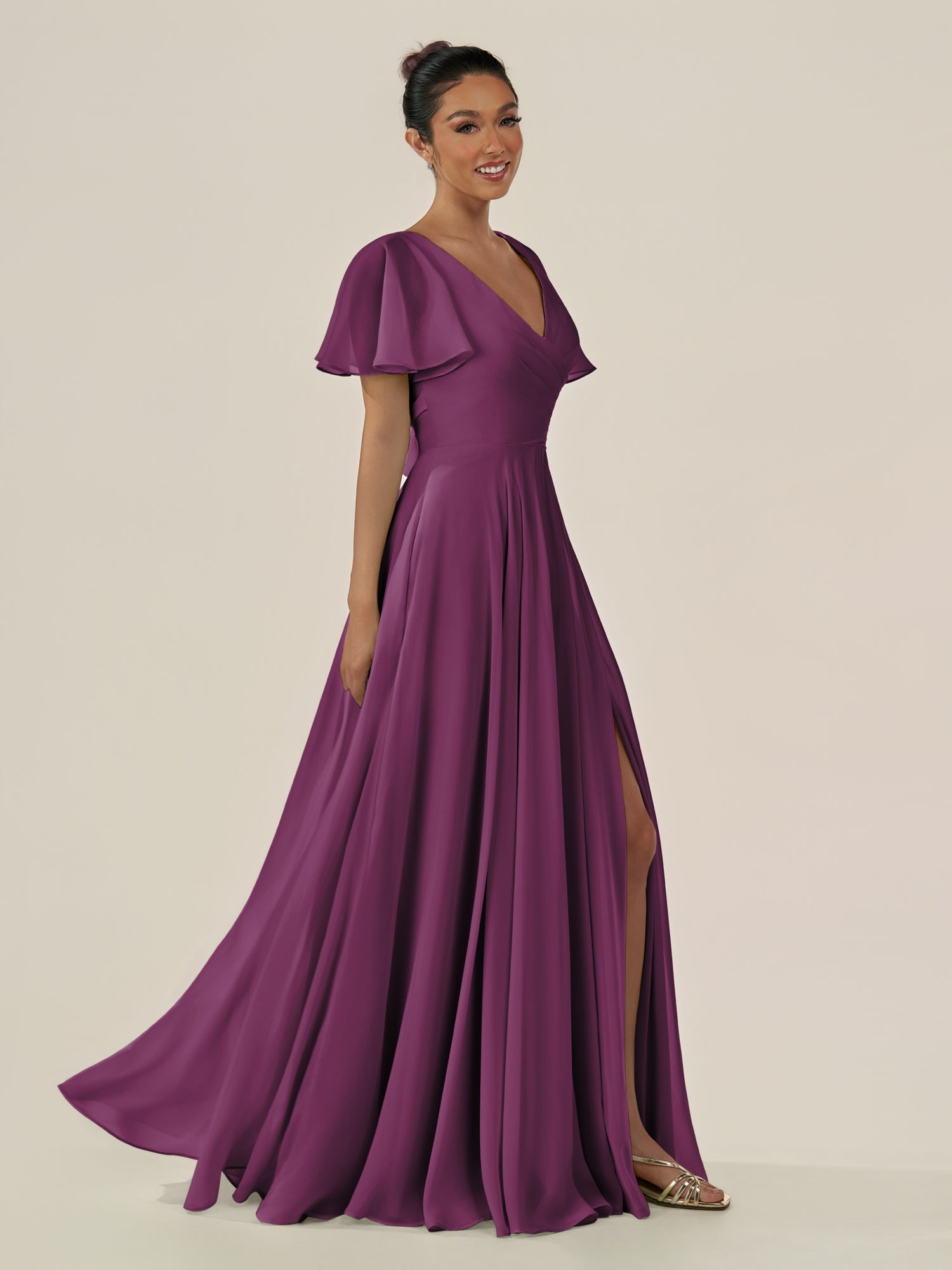 KissDress-Jania Fig A Line Chiffon V Neck Long Bridesmaid Dress with Flutter Sleeves