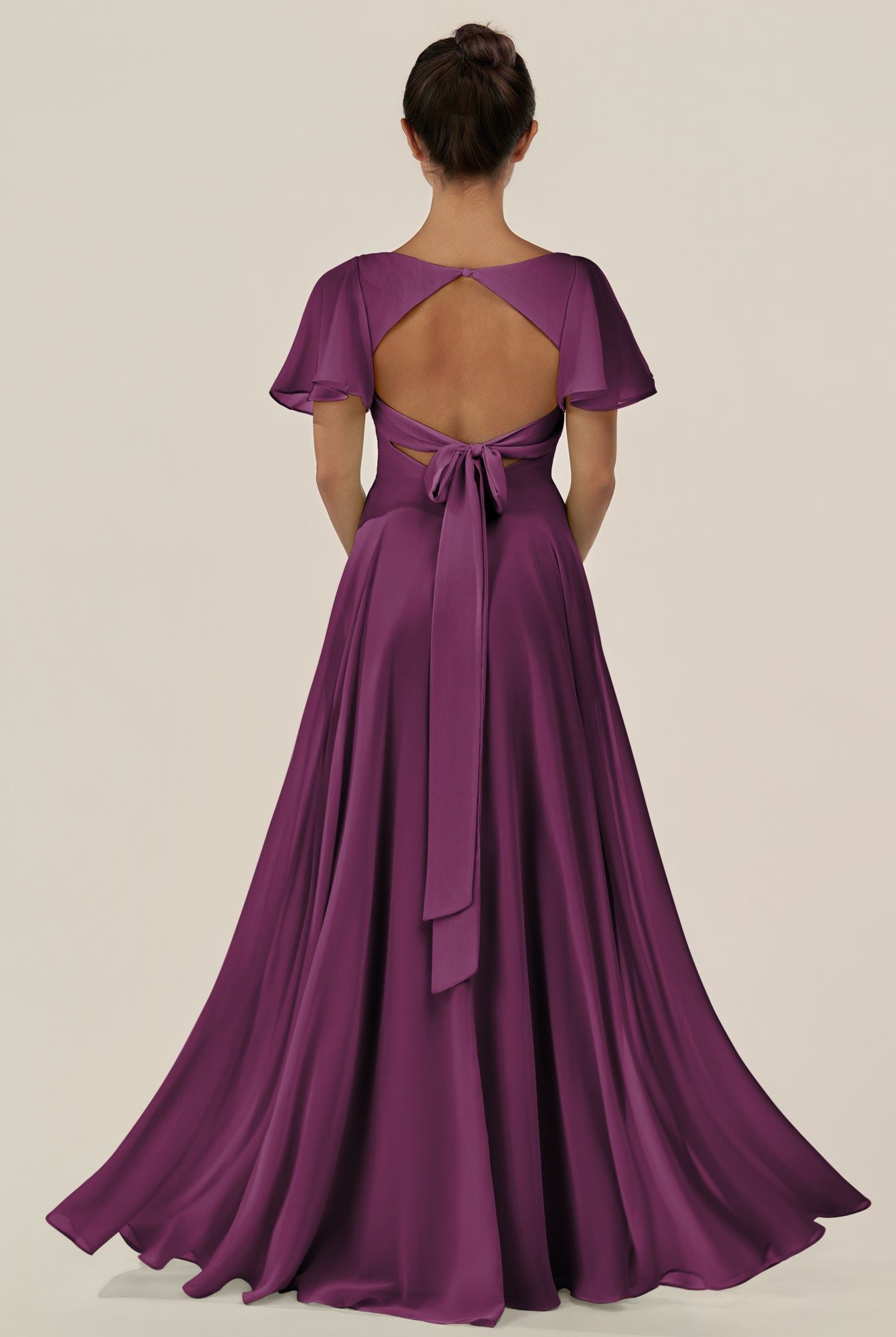 KissDress-Jania Fig A Line Chiffon V Neck Long Bridesmaid Dress with Flutter Sleeves