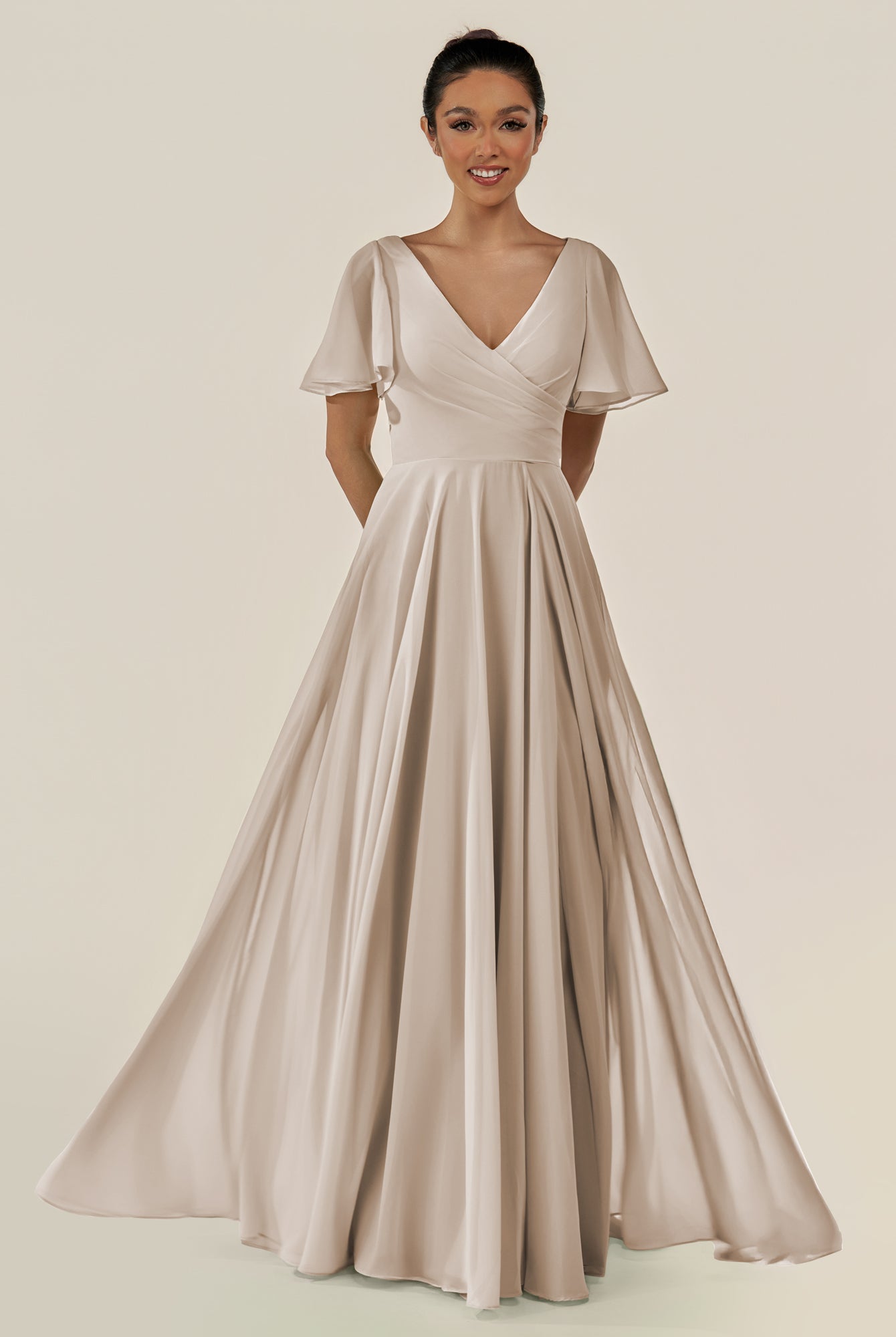 KissDress-Jania Frost A Line Chiffon V Neck Long Bridesmaid Dress with Flutter Sleeves