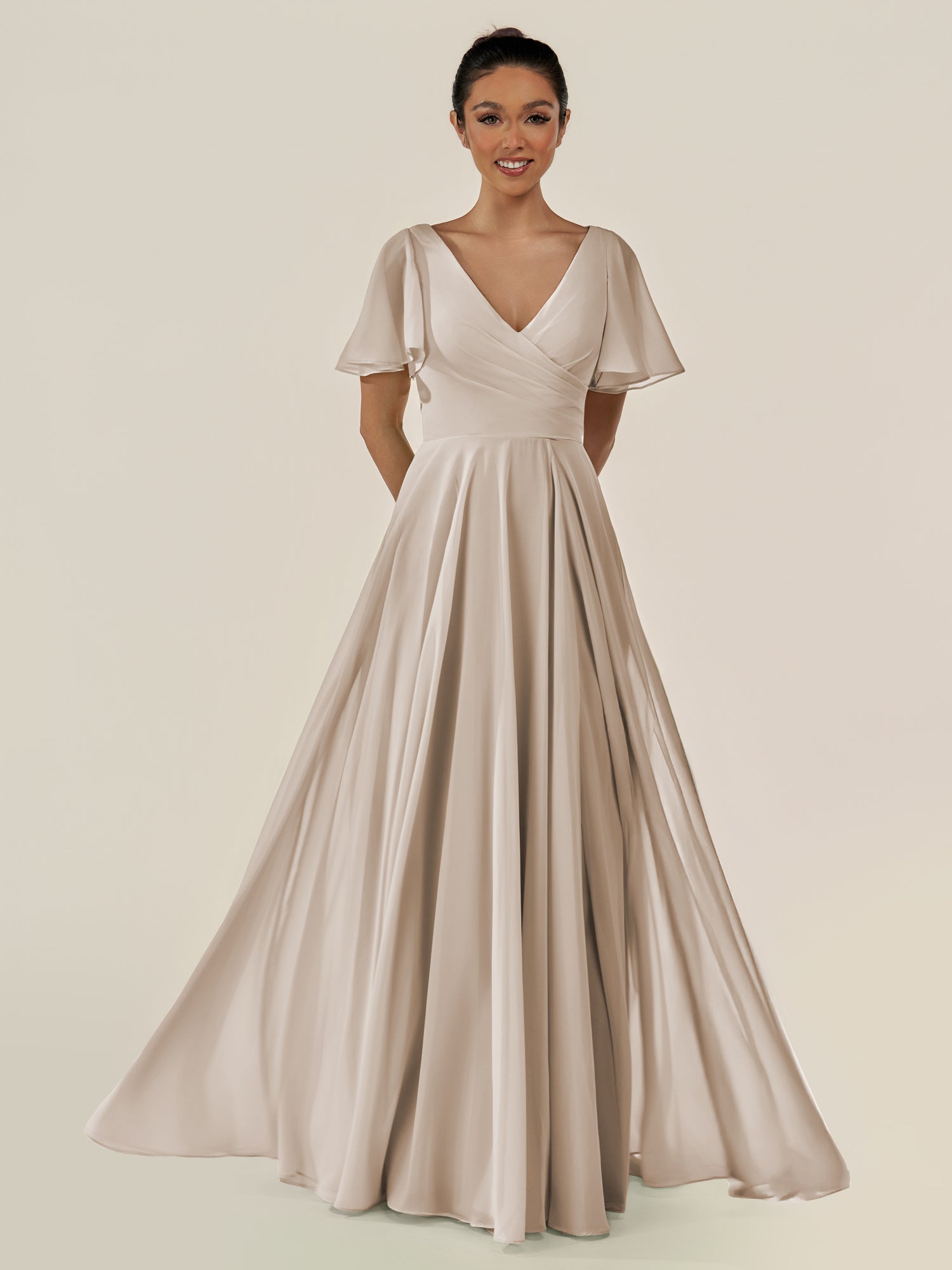 KissDress-Jania Frost A Line Chiffon V Neck Long Bridesmaid Dress with Flutter Sleeves