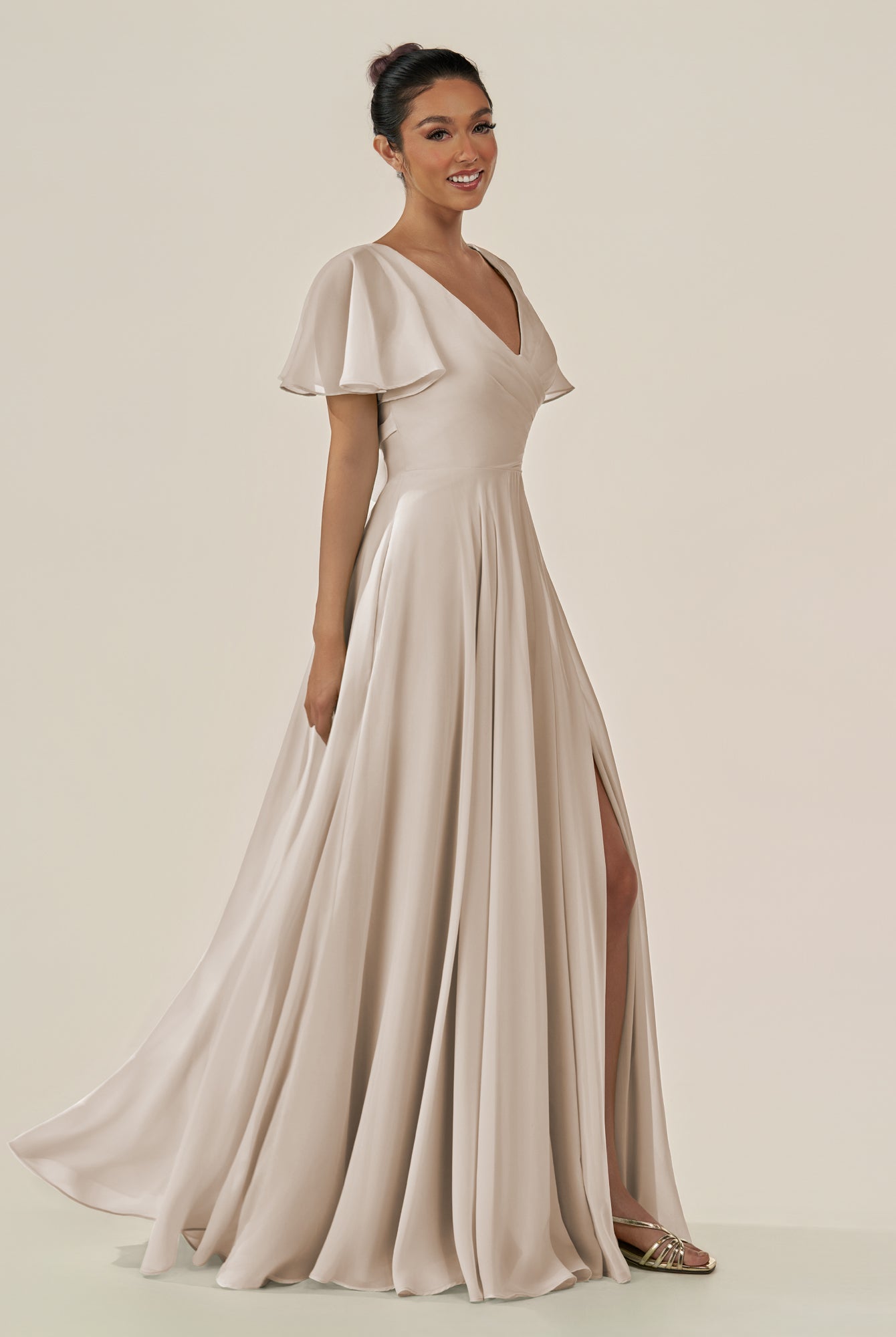 KissDress-Jania Frost A Line Chiffon V Neck Long Bridesmaid Dress with Flutter Sleeves