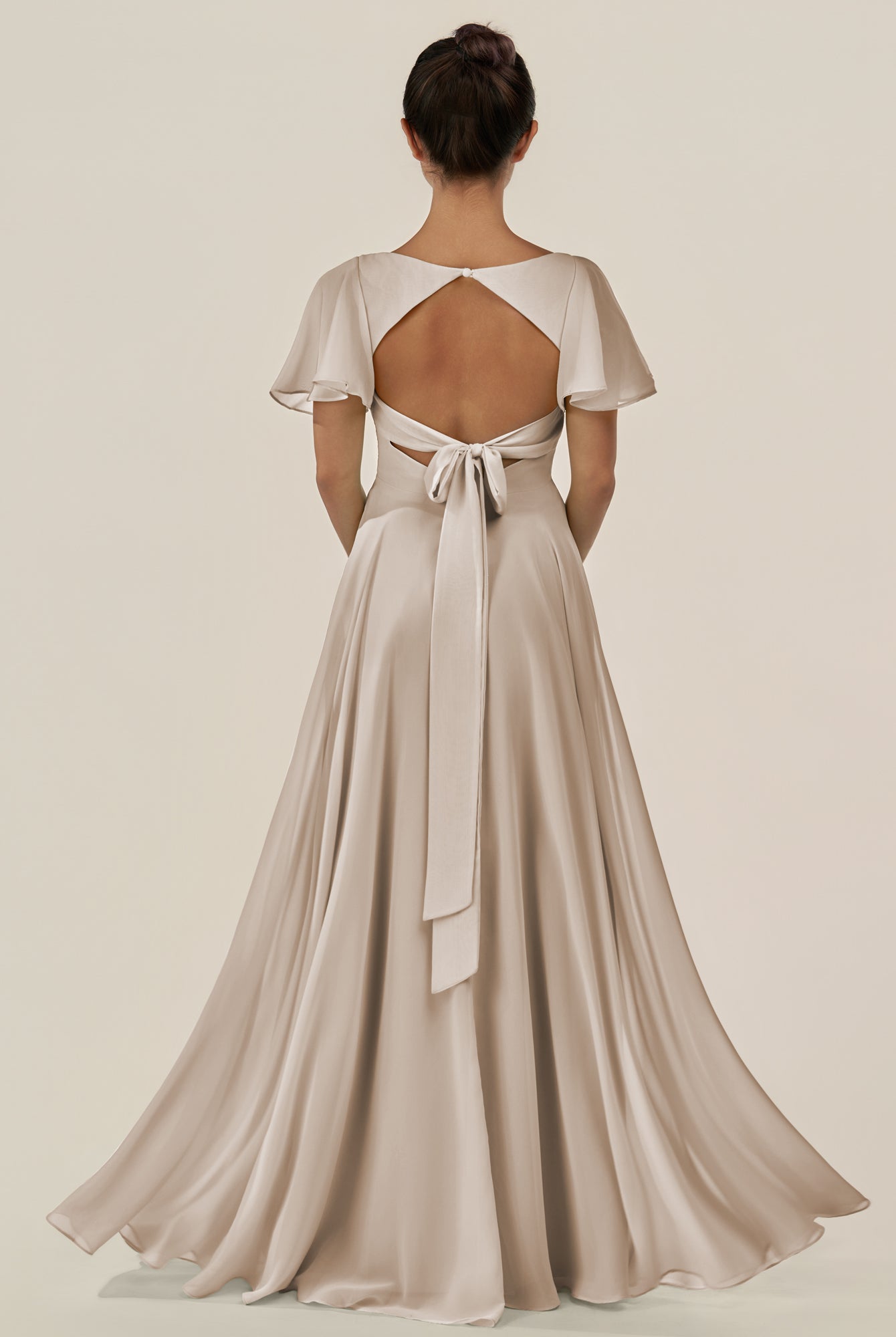 KissDress-Jania Frost A Line Chiffon V Neck Long Bridesmaid Dress with Flutter Sleeves