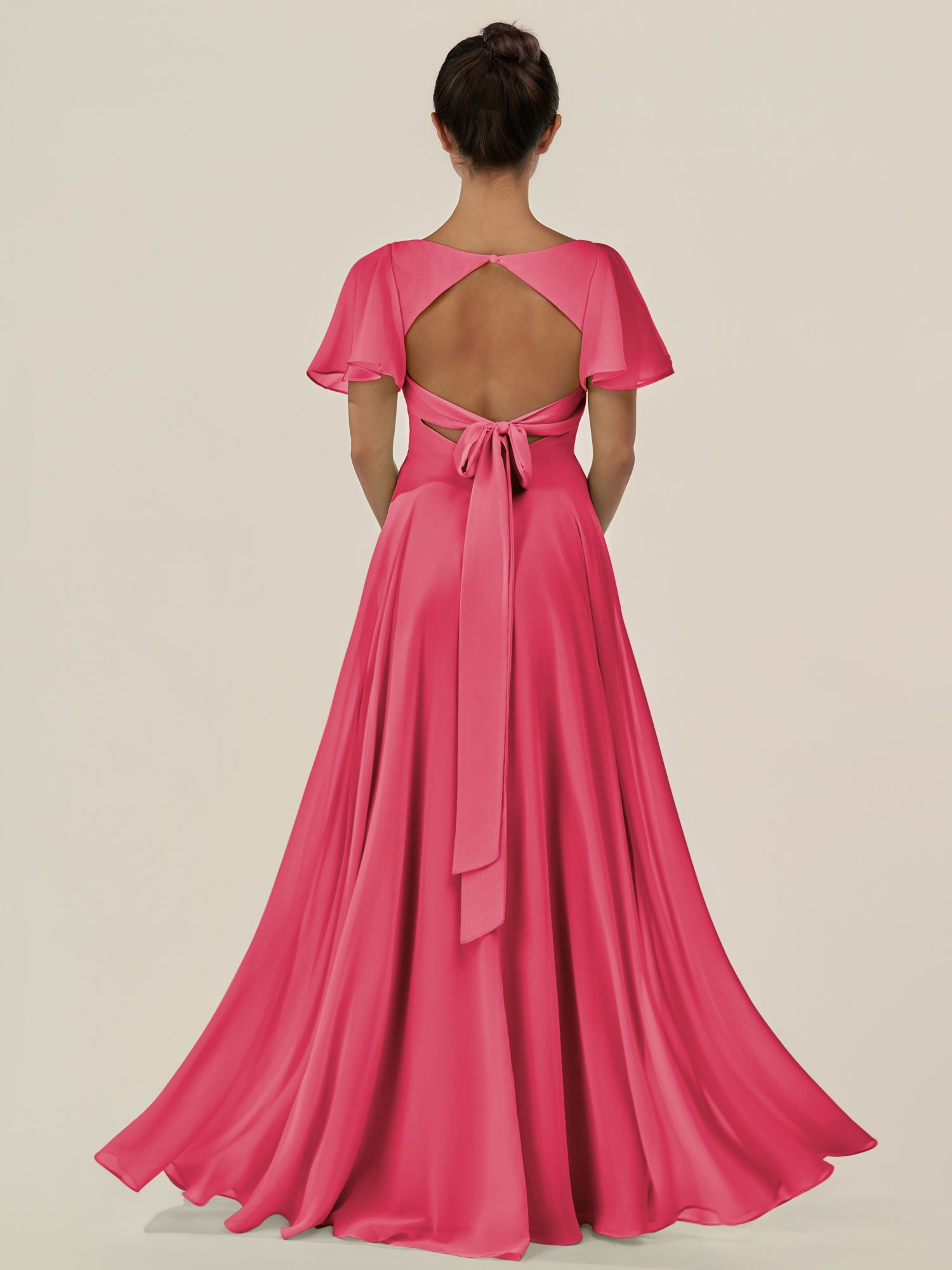 KissDress-Jania Fuchsia A Line Chiffon V Neck Long Bridesmaid Dress with Flutter Sleeves