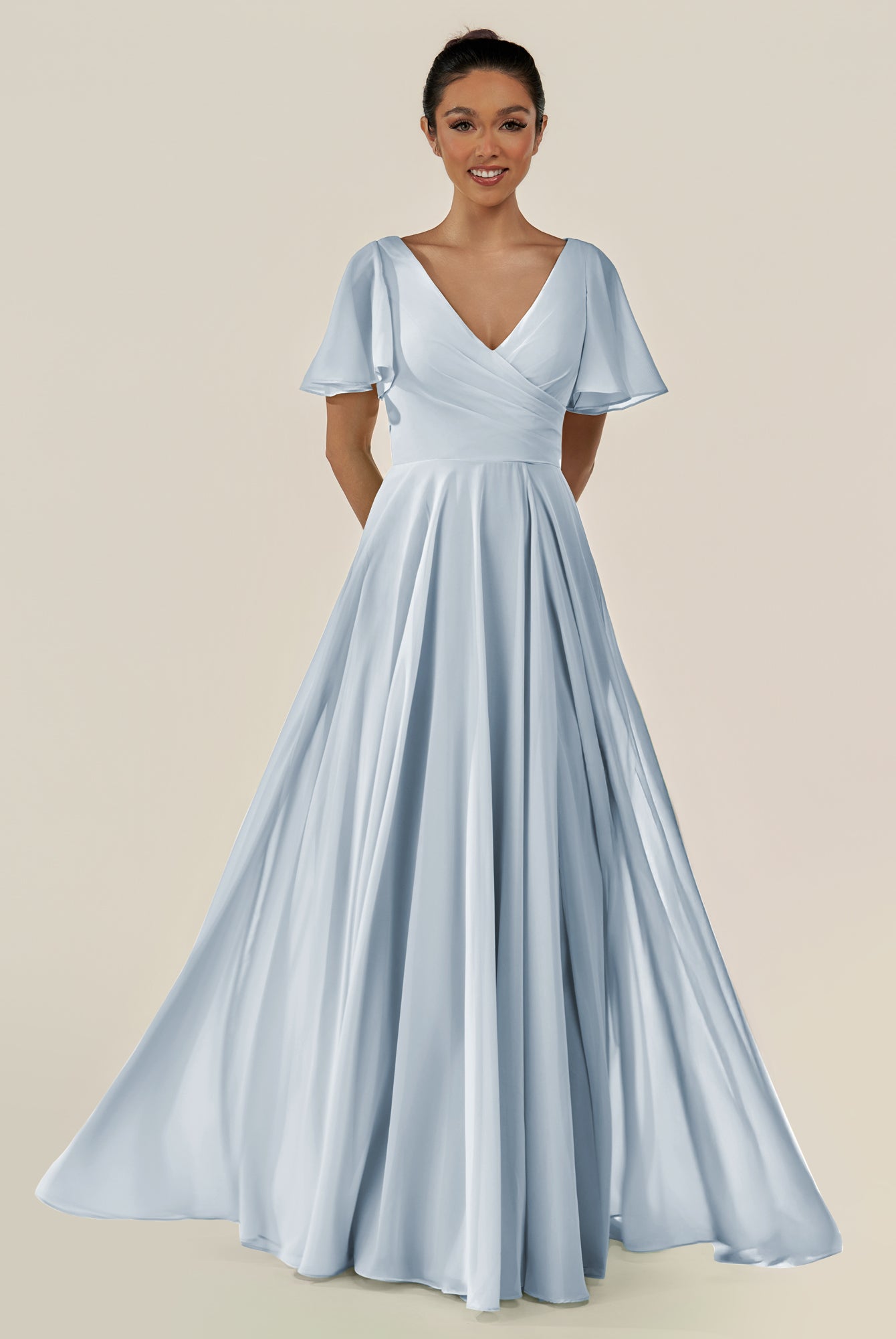 KissDress-Jania Ice A Line Chiffon V Neck Long Bridesmaid Dress with Flutter Sleeves