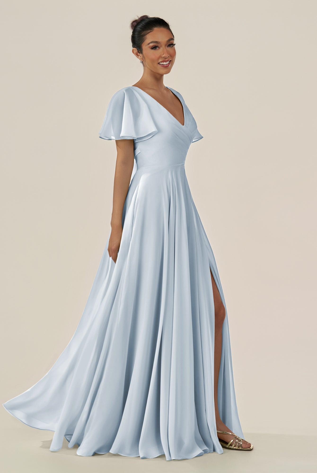 KissDress-Jania Ice A Line Chiffon V Neck Long Bridesmaid Dress with Flutter Sleeves