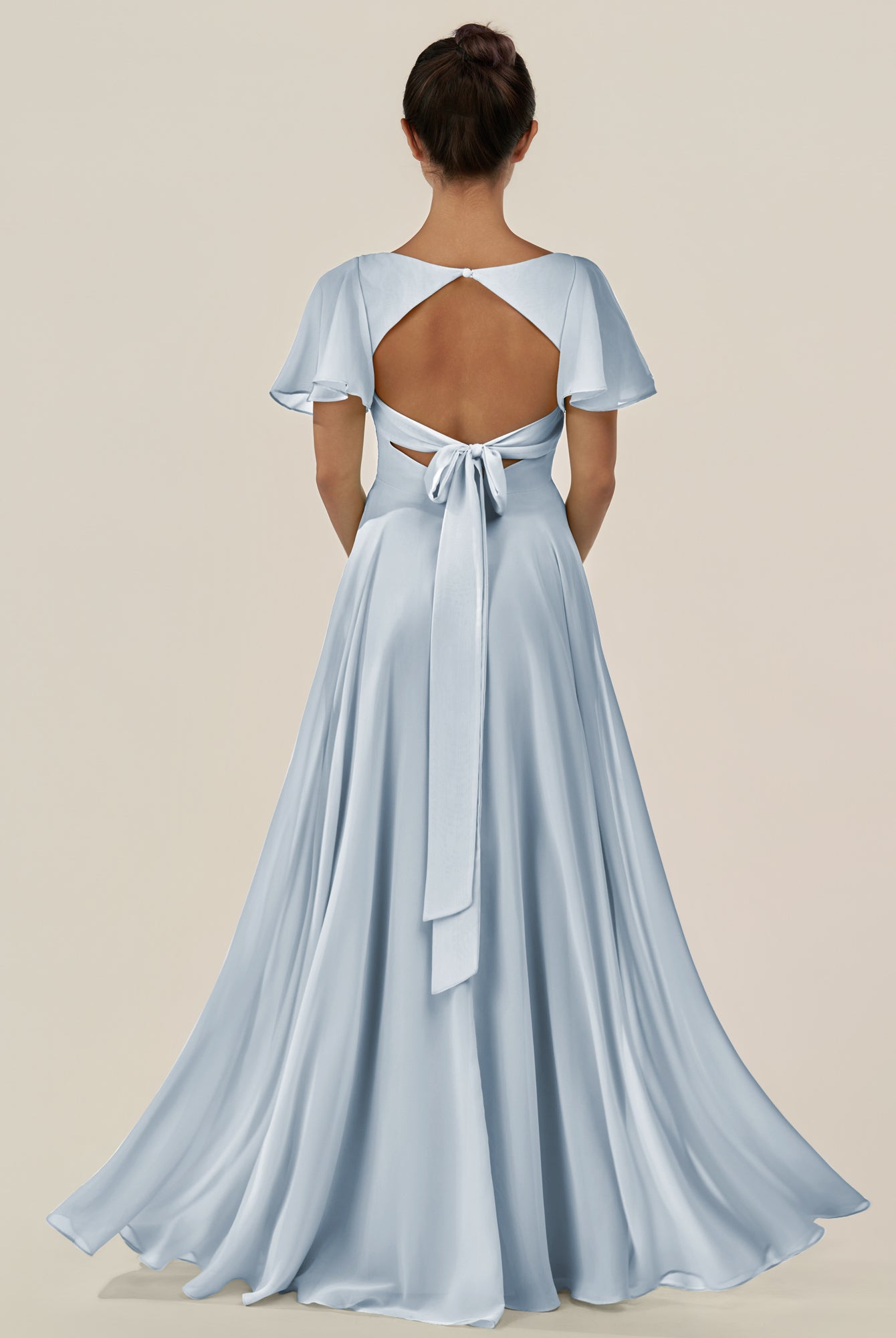 KissDress-Jania Ice A Line Chiffon V Neck Long Bridesmaid Dress with Flutter Sleeves