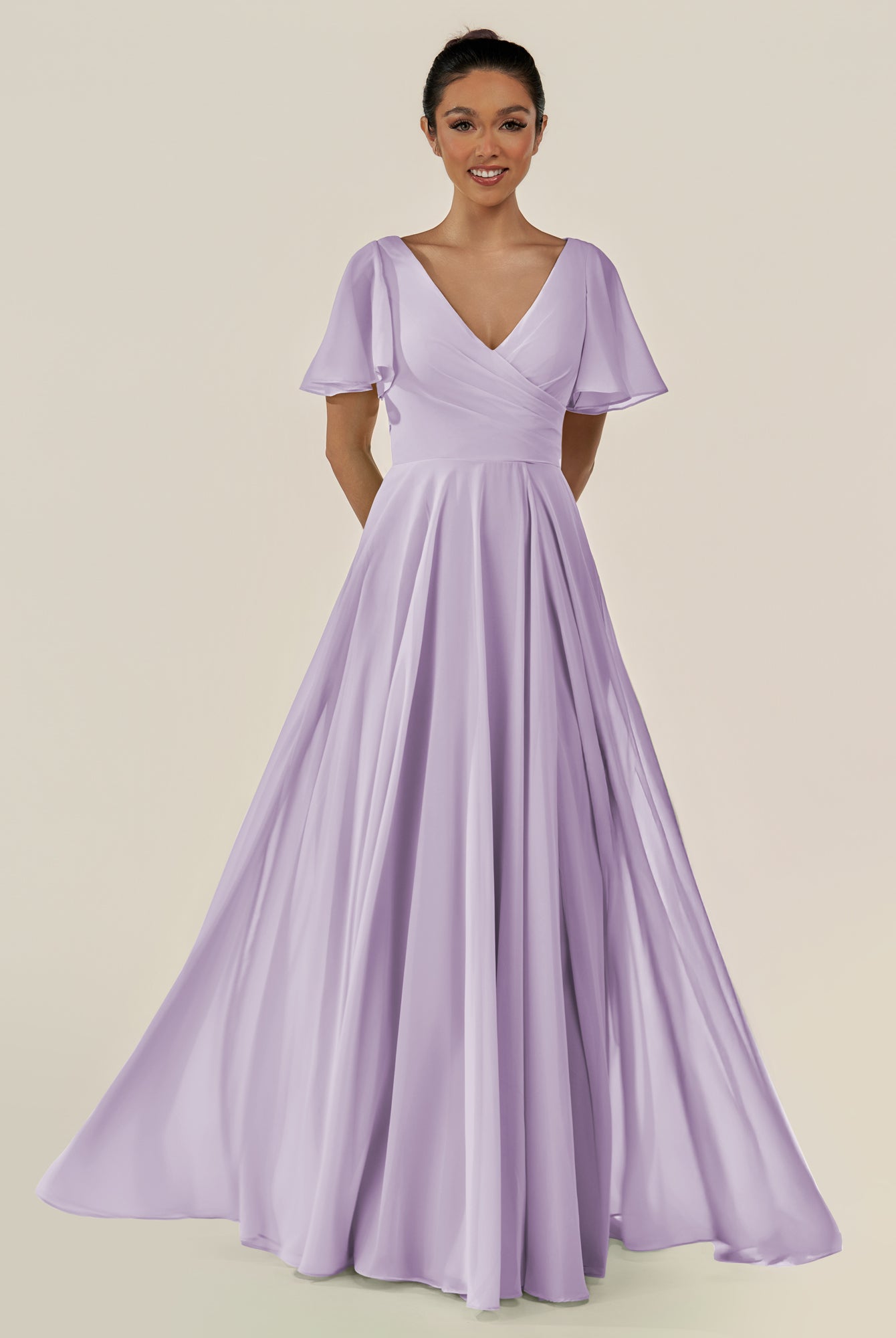 KissDress-Jania Lavender A Line Chiffon V Neck Long Bridesmaid Dress with Flutter Sleeves