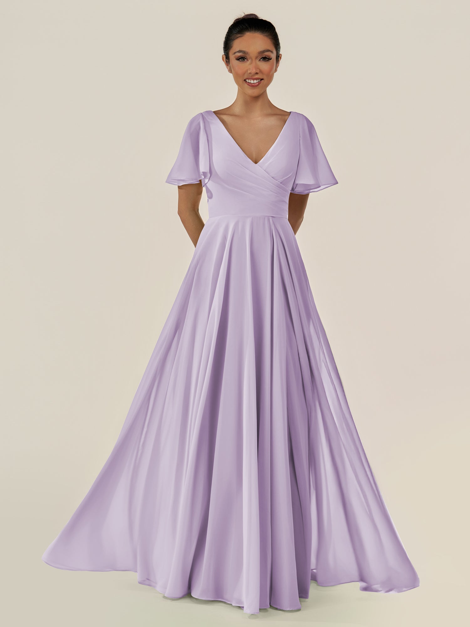 KissDress-Jania Lavender A Line Chiffon V Neck Long Bridesmaid Dress with Flutter Sleeves