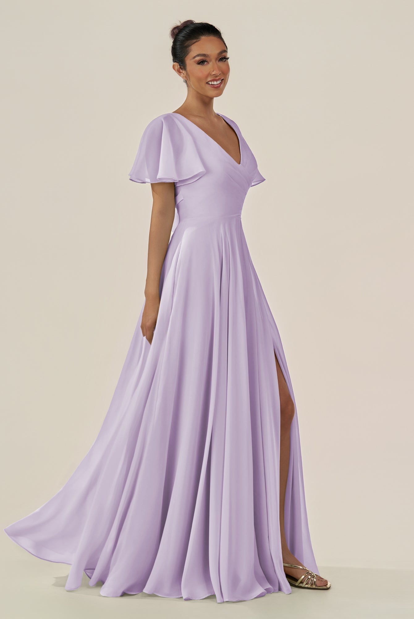 KissDress-Jania Lavender A Line Chiffon V Neck Long Bridesmaid Dress with Flutter Sleeves
