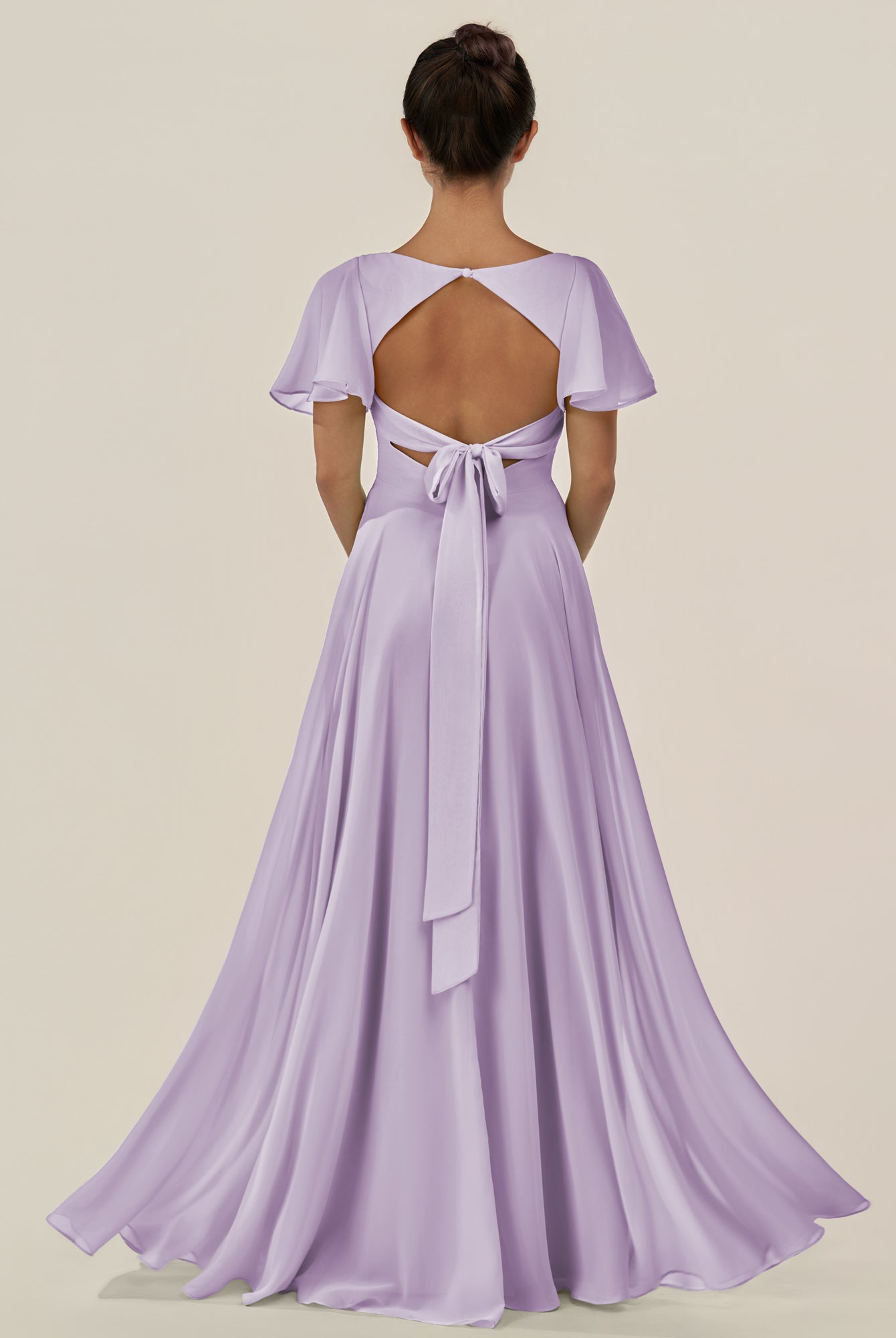 KissDress-Jania Lavender A Line Chiffon V Neck Long Bridesmaid Dress with Flutter Sleeves